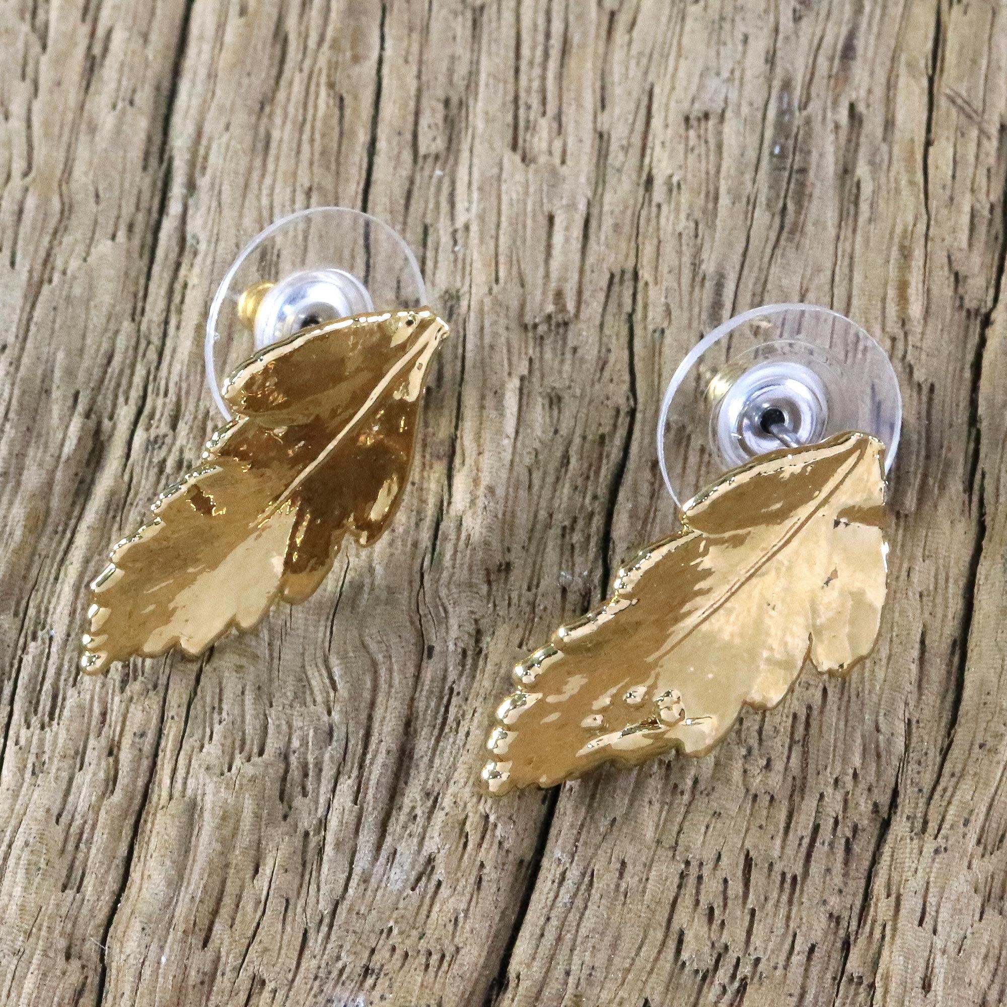 Premium 22k Gold Plated Davallia Leaf Earrings - Handcrafted in Thailand