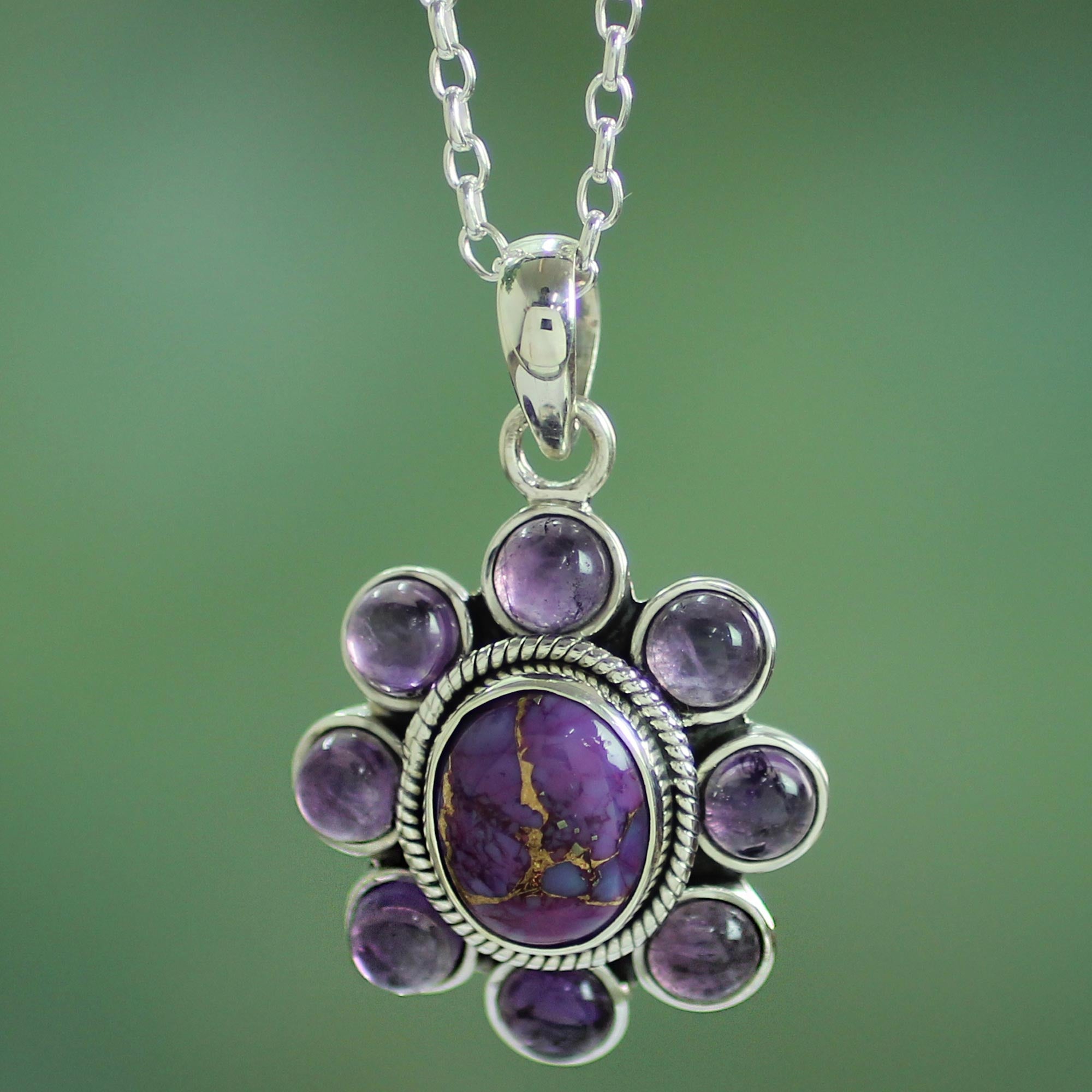 Premium Artisan Crafted Deep Purple Blossom Necklace with Amethyst & Turquoise