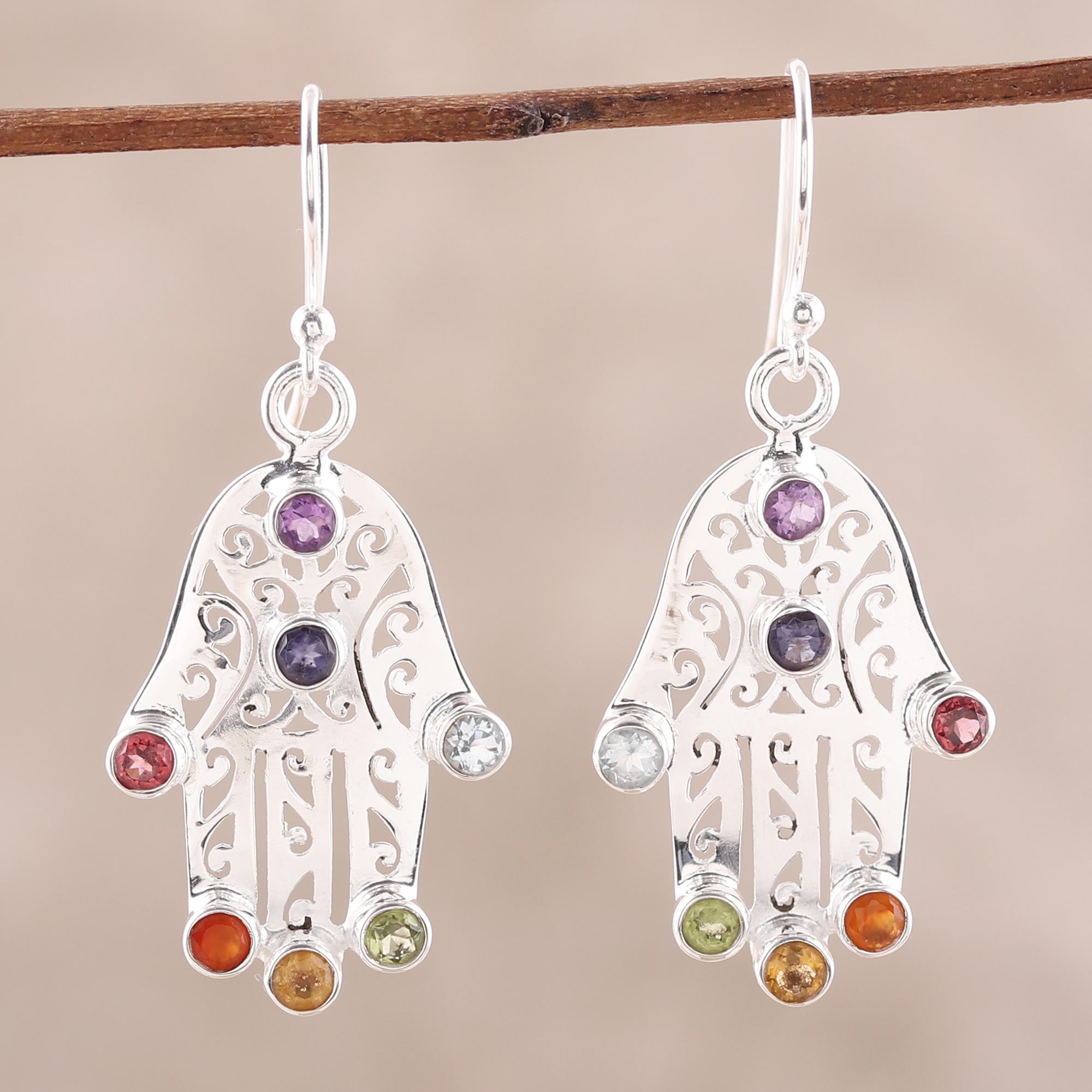 Premium Hamsa Chakra Multi-Gemstone Dangle Earrings - Handcrafted in India