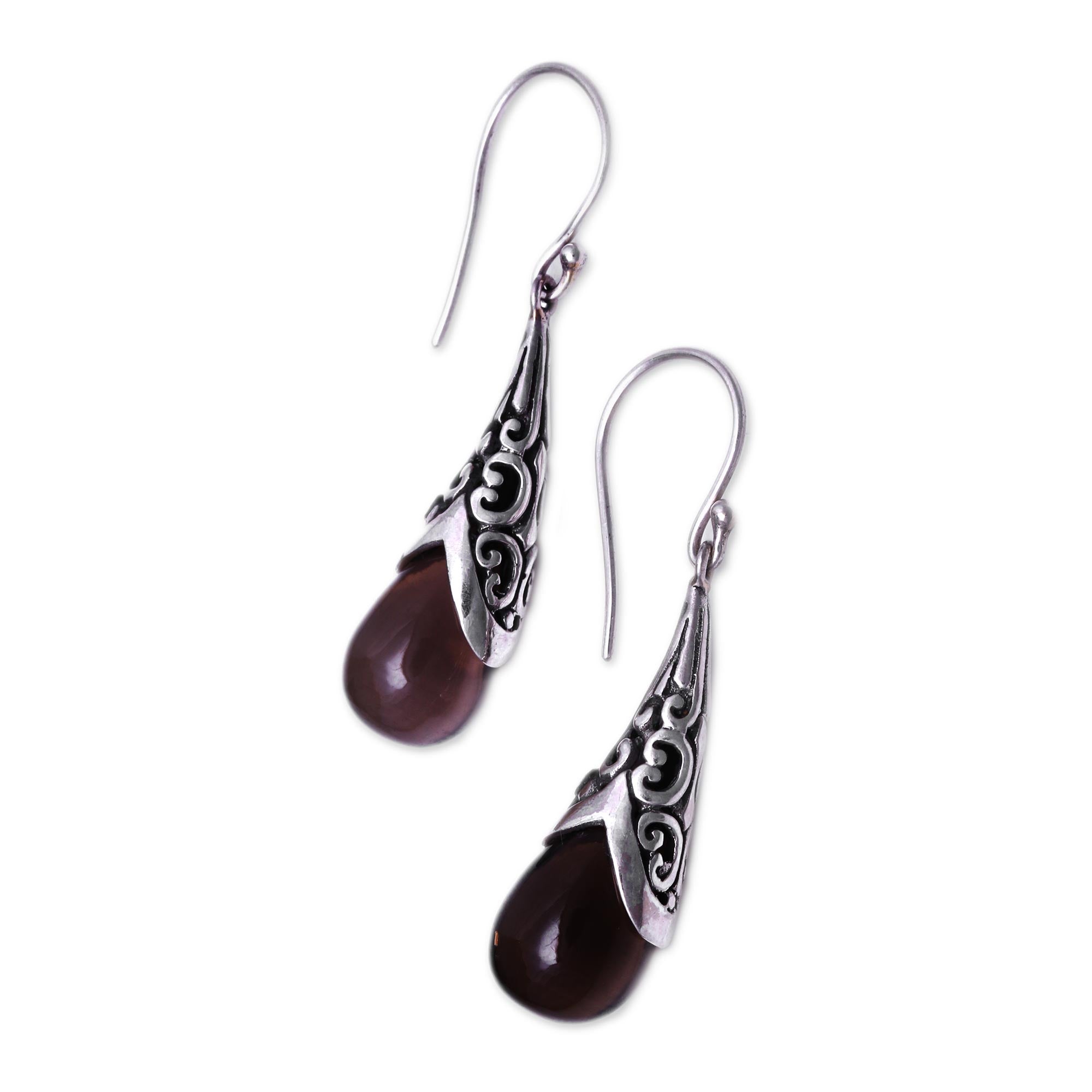 Premium Smoky Quartz Dangle Earrings - Sanur Elegance Weave Pattern, Handcrafted in Bali