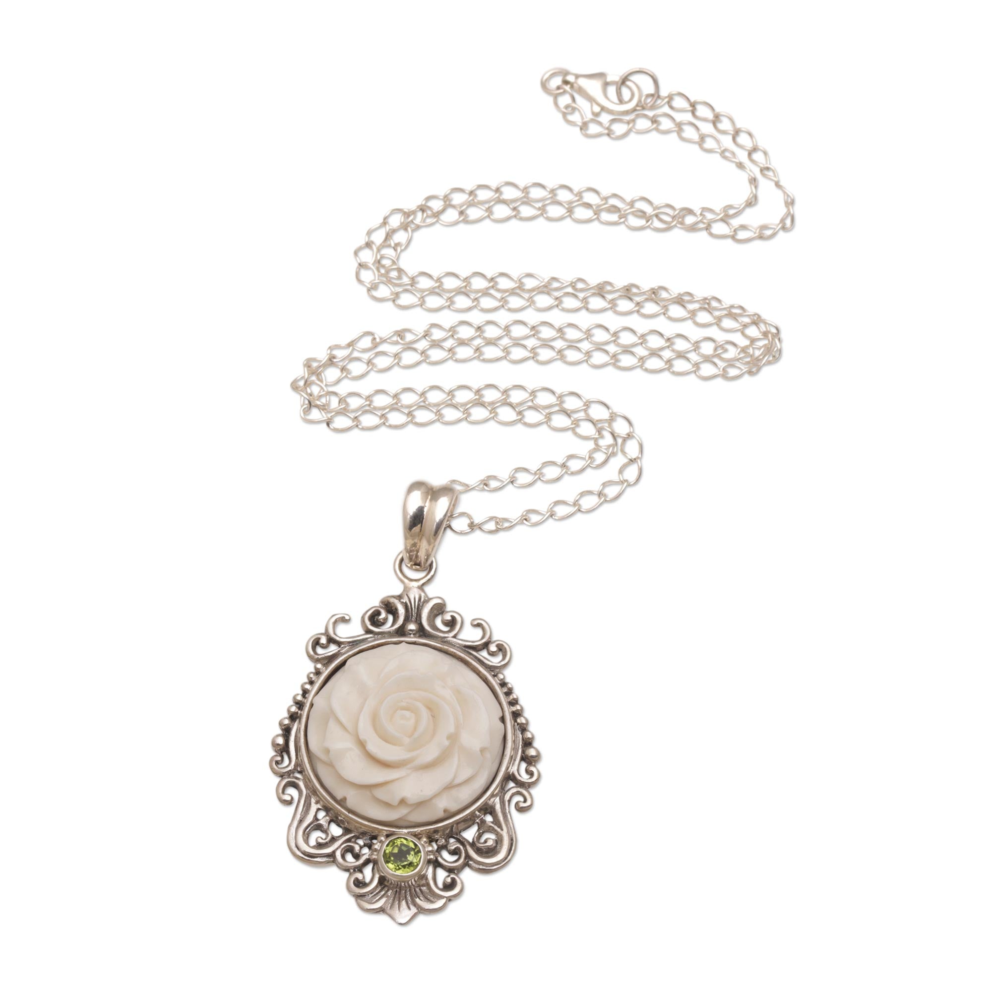 Premium Dreamy Rose Pendant Necklace with Peridot Accent