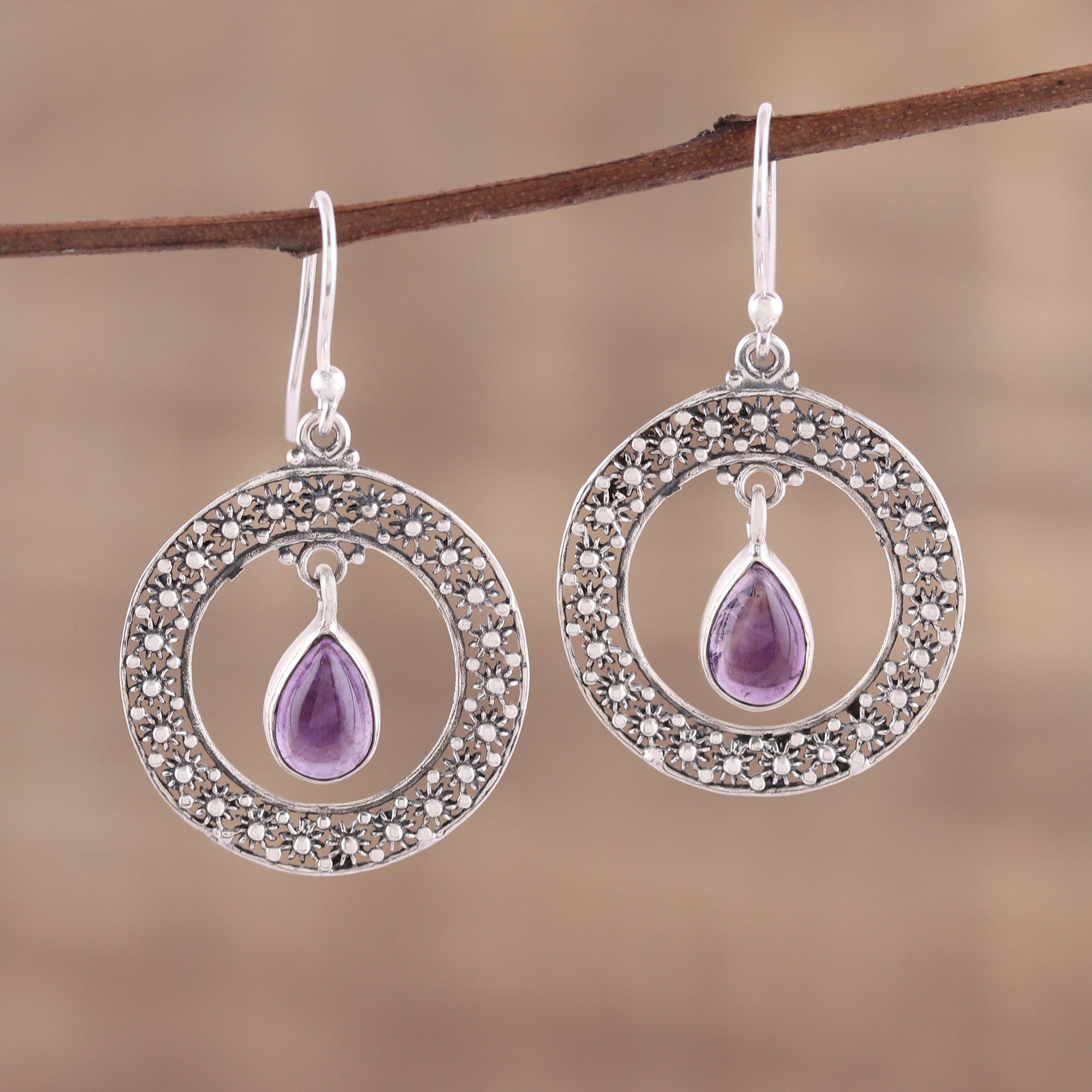 Premium Sterling Silver Amethyst Floral Dangle Earrings - Handcrafted Elegance