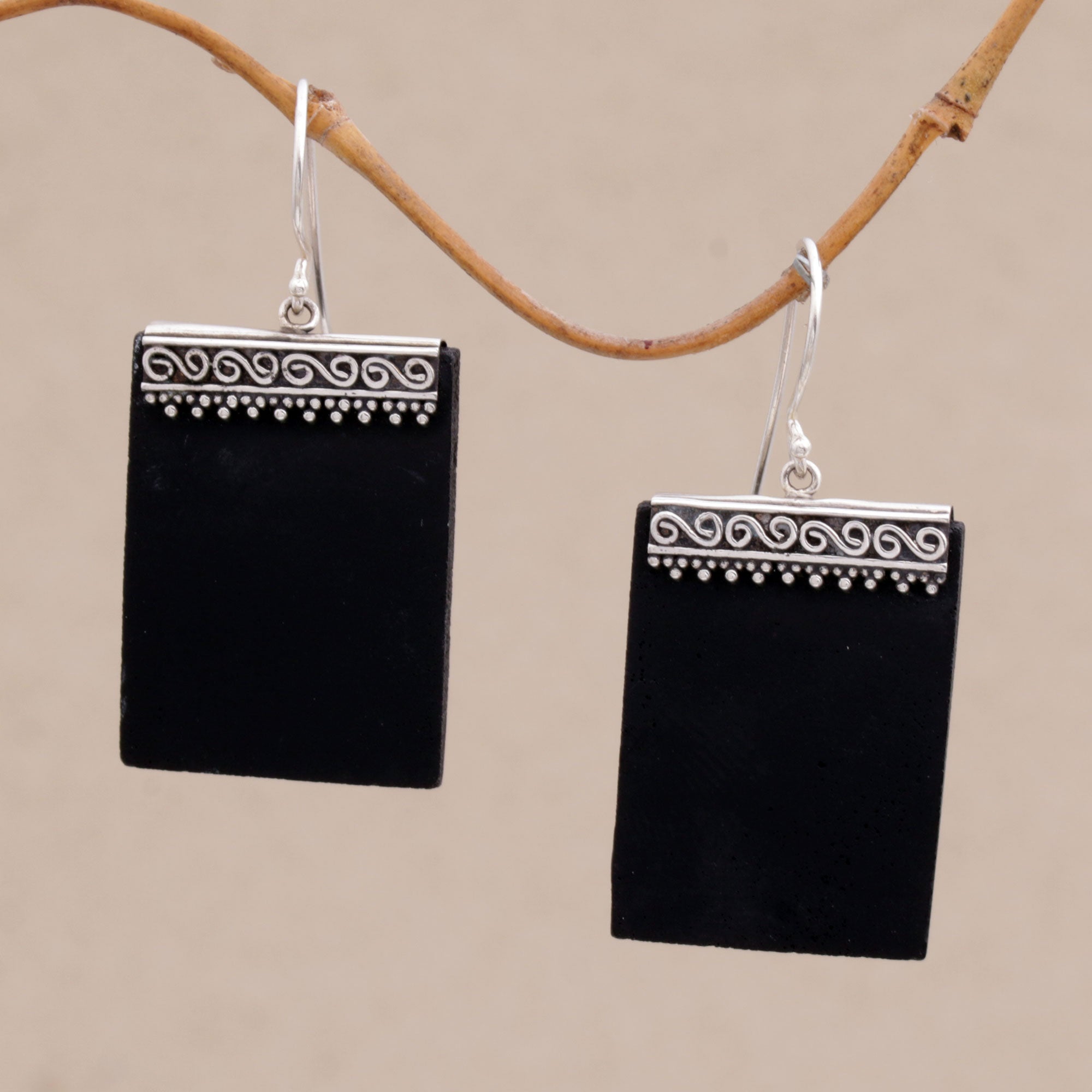 Premium Sterling Silver and Lava Stone Dangle Earrings with Unique Dot Design