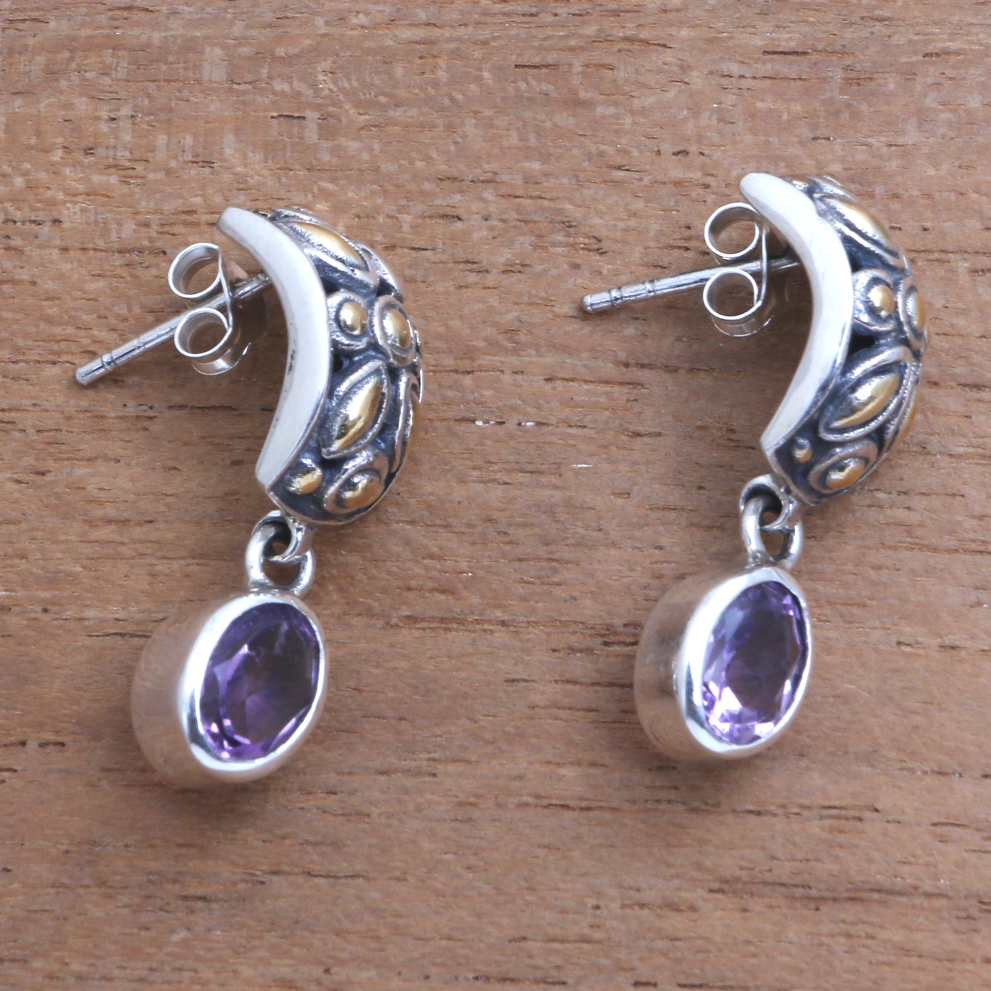 Premium Bali Amethyst Dangle Earrings with 22K Gold Padi Accents