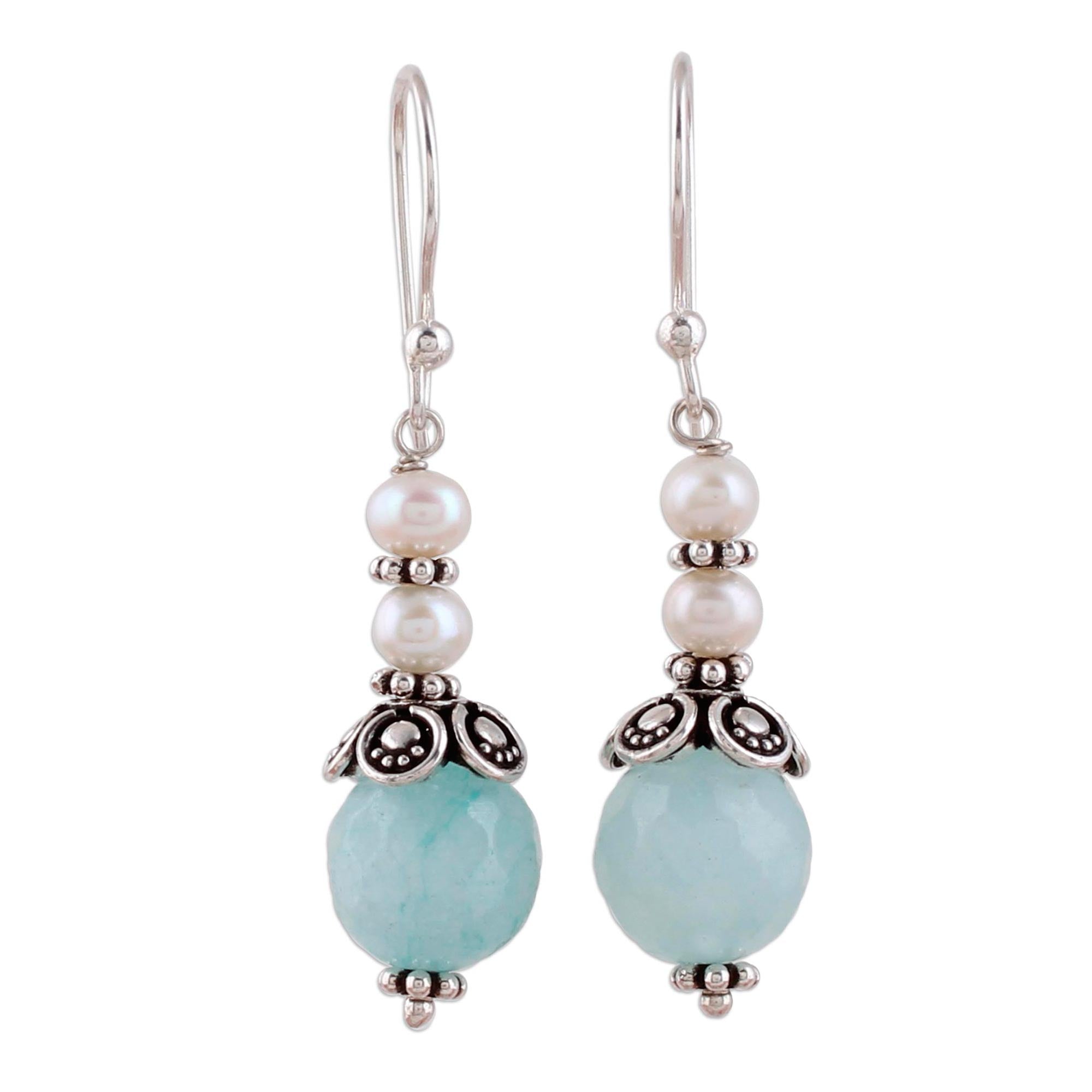 Premium Aqua Aventurine & Pearl Dangle Earrings by Narayani