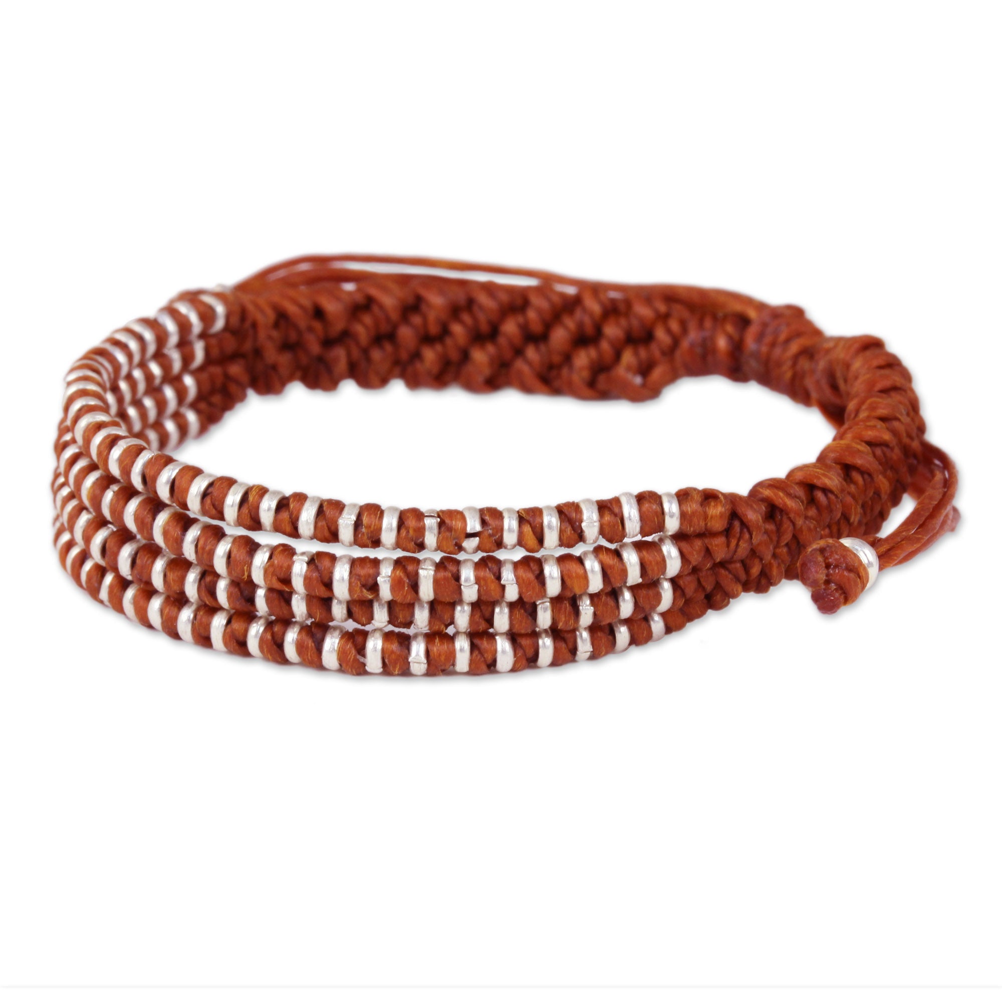 Premium Handcrafted Ginger-Orange Macrame Bracelet with Hill Tribe Silver Beads