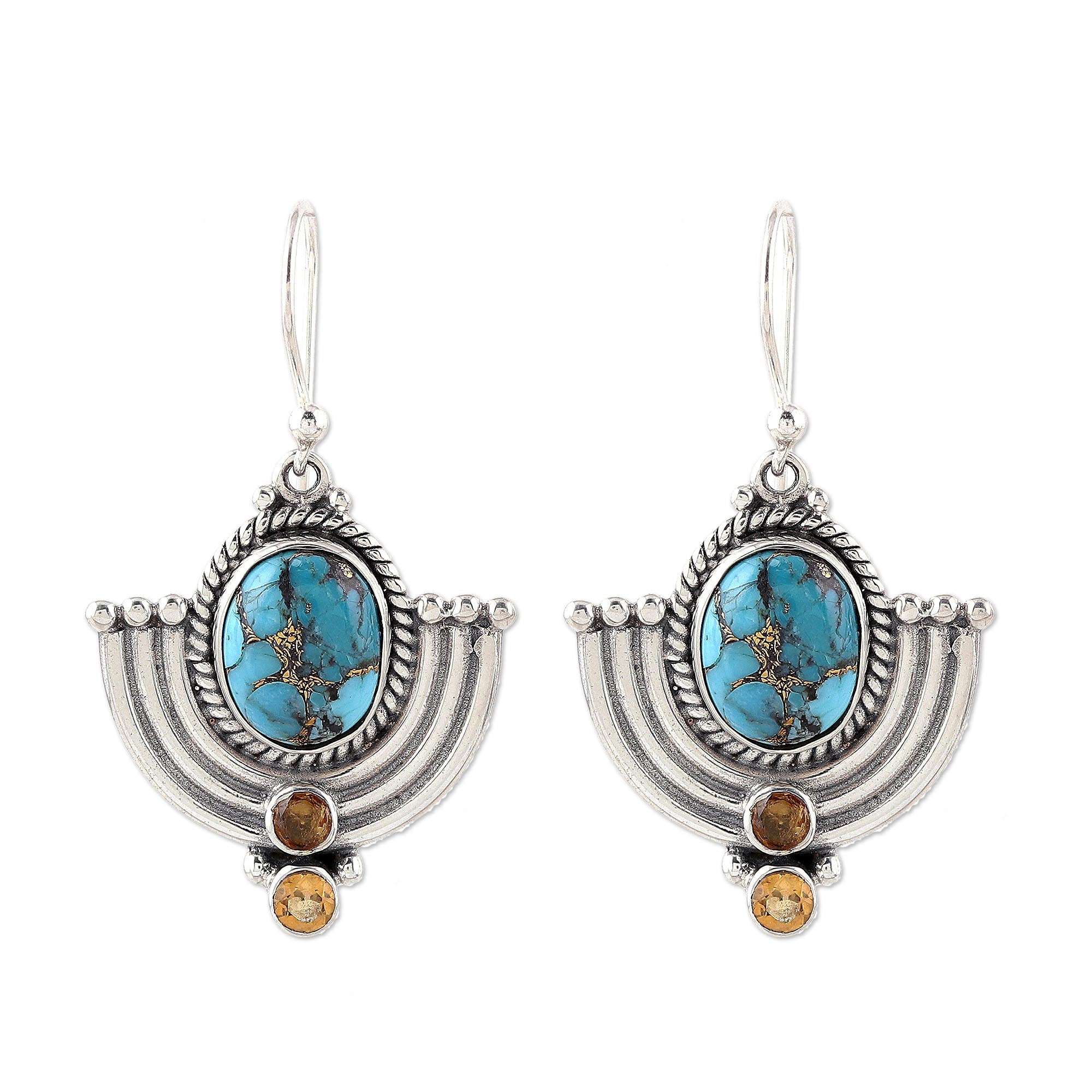 Premium Blue Flame Citrine & Turquoise Dangle Earrings - Handcrafted Sterling Silver