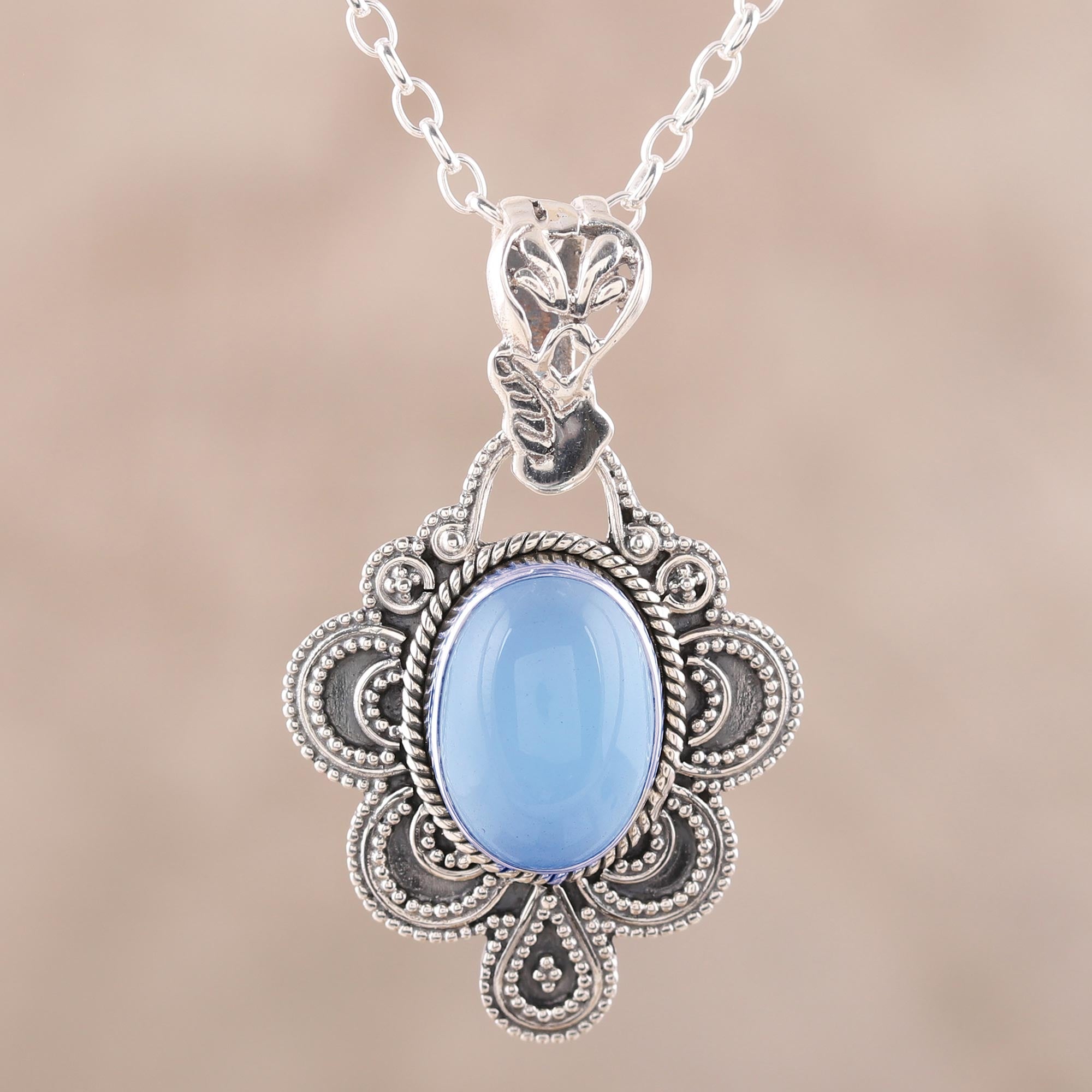 Premium Blue Antique Radiance Necklace – Handcrafted Sterling Silver & Chalcedony