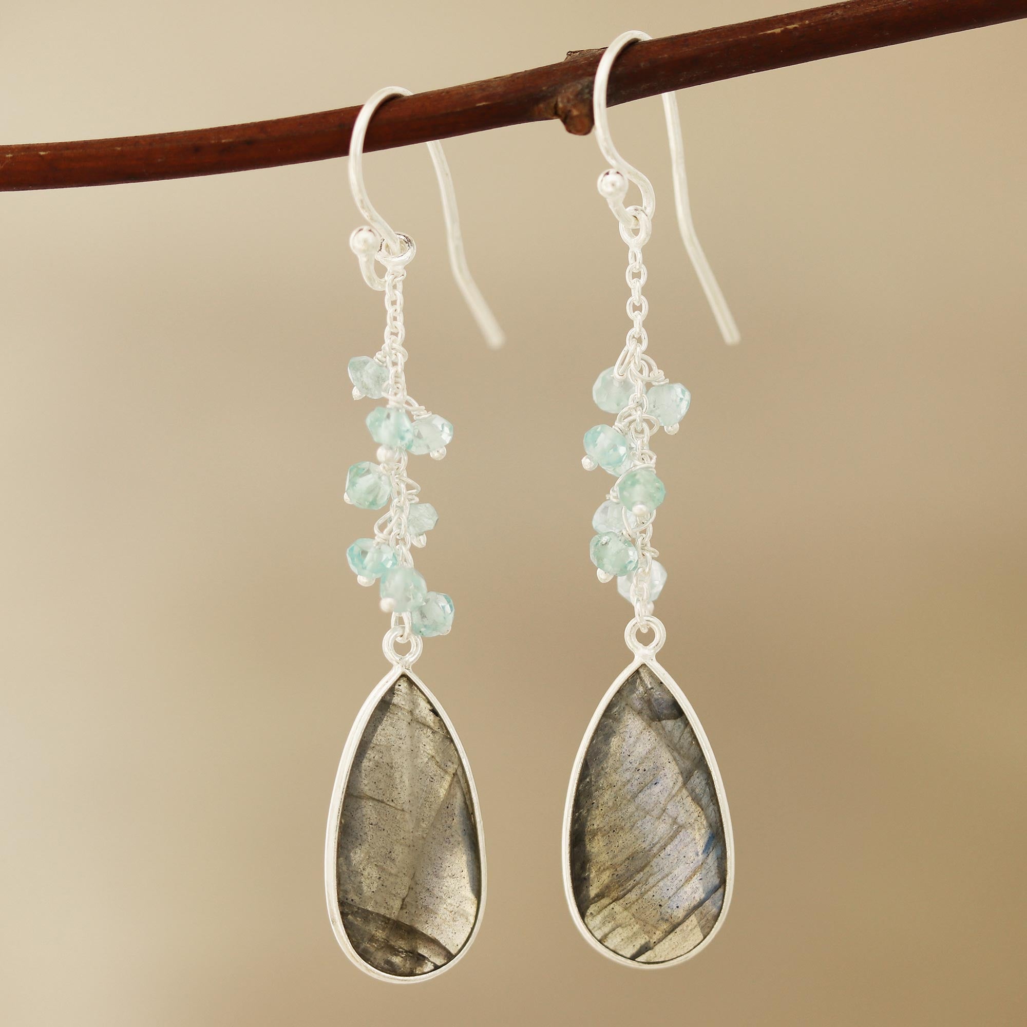 Premium Late Sky 12-Carat Labradorite & Blue Topaz Dangle Earrings