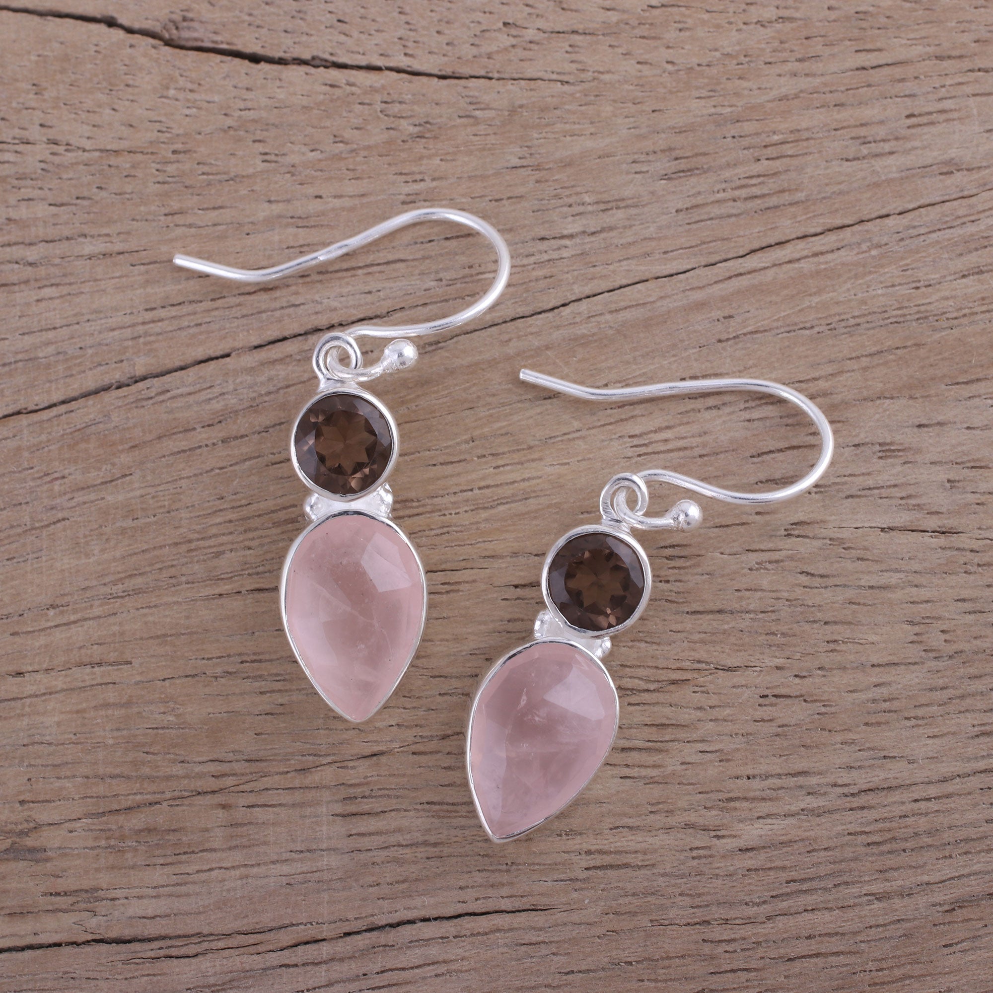 Premium Multi-Gem Dangle Earrings - Rose Quartz & Smoky Quartz