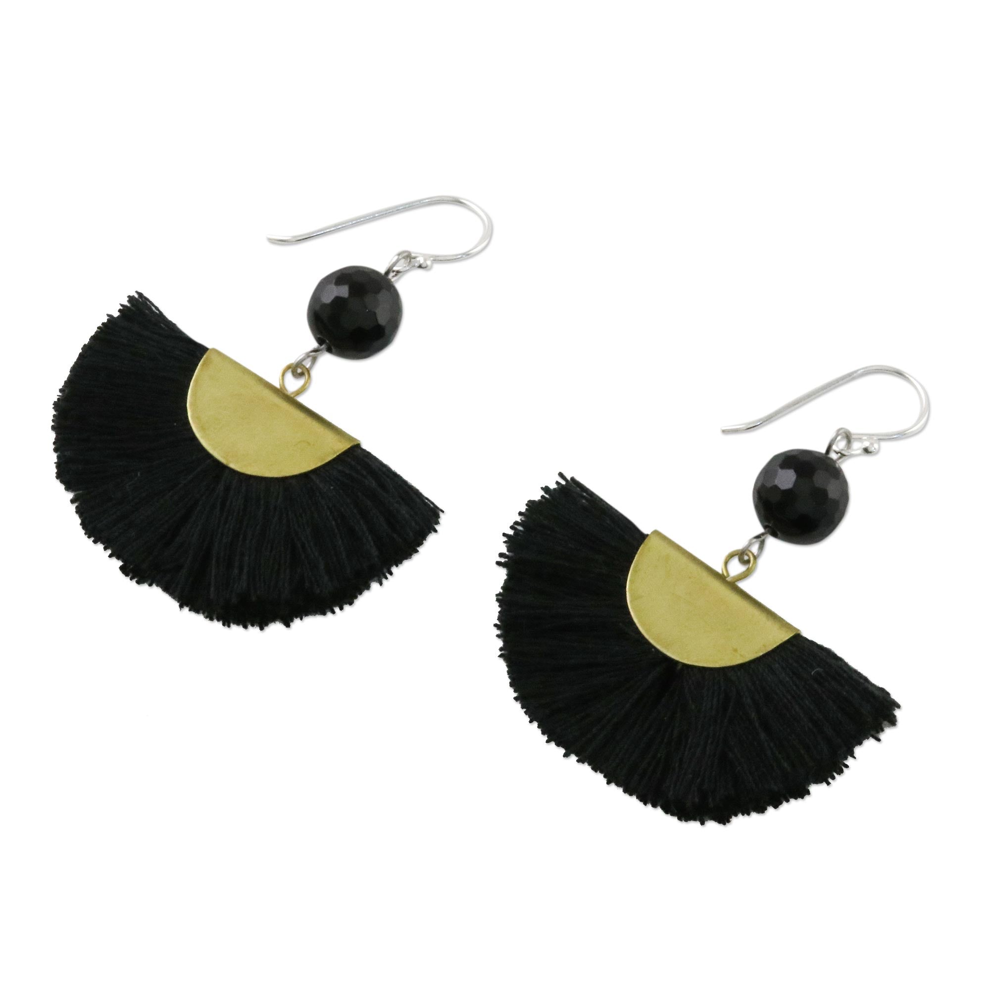 Premium Black Quartz & Brass Dangle Earrings with Elegant Cotton Fringe