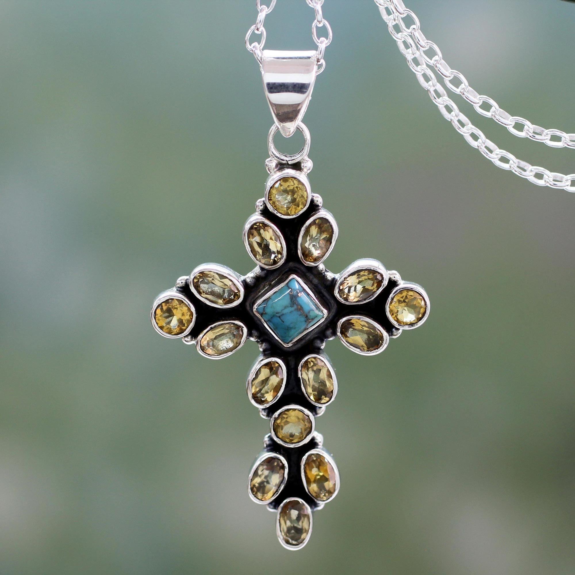 Premium Radiant Cross Pendant Necklace with Citrine and Sterling Silver