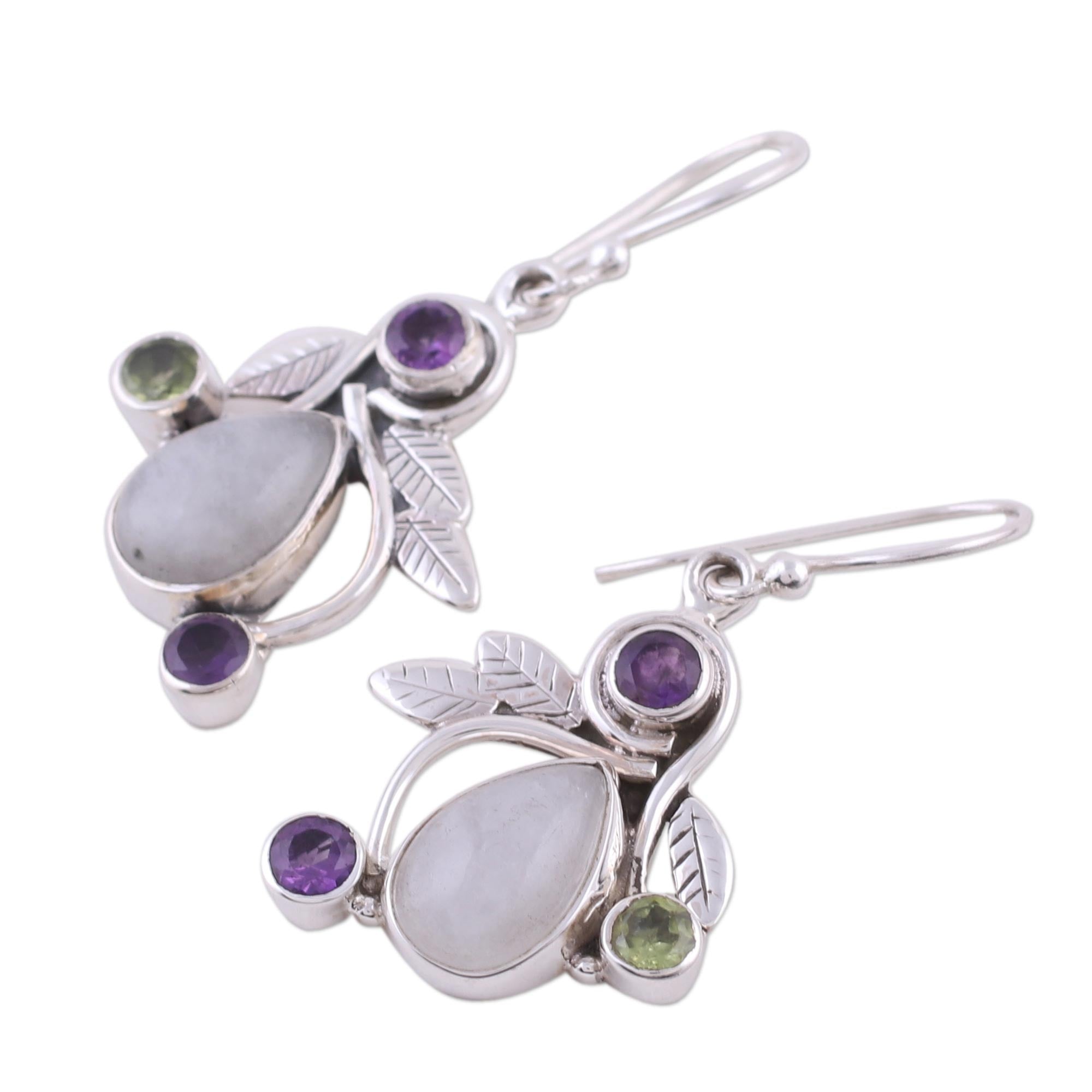 Premium Luminous Beauty Rainbow Moonstone Earrings with Amethyst and Peridot – Handcrafted Sterling Silver Jewelry