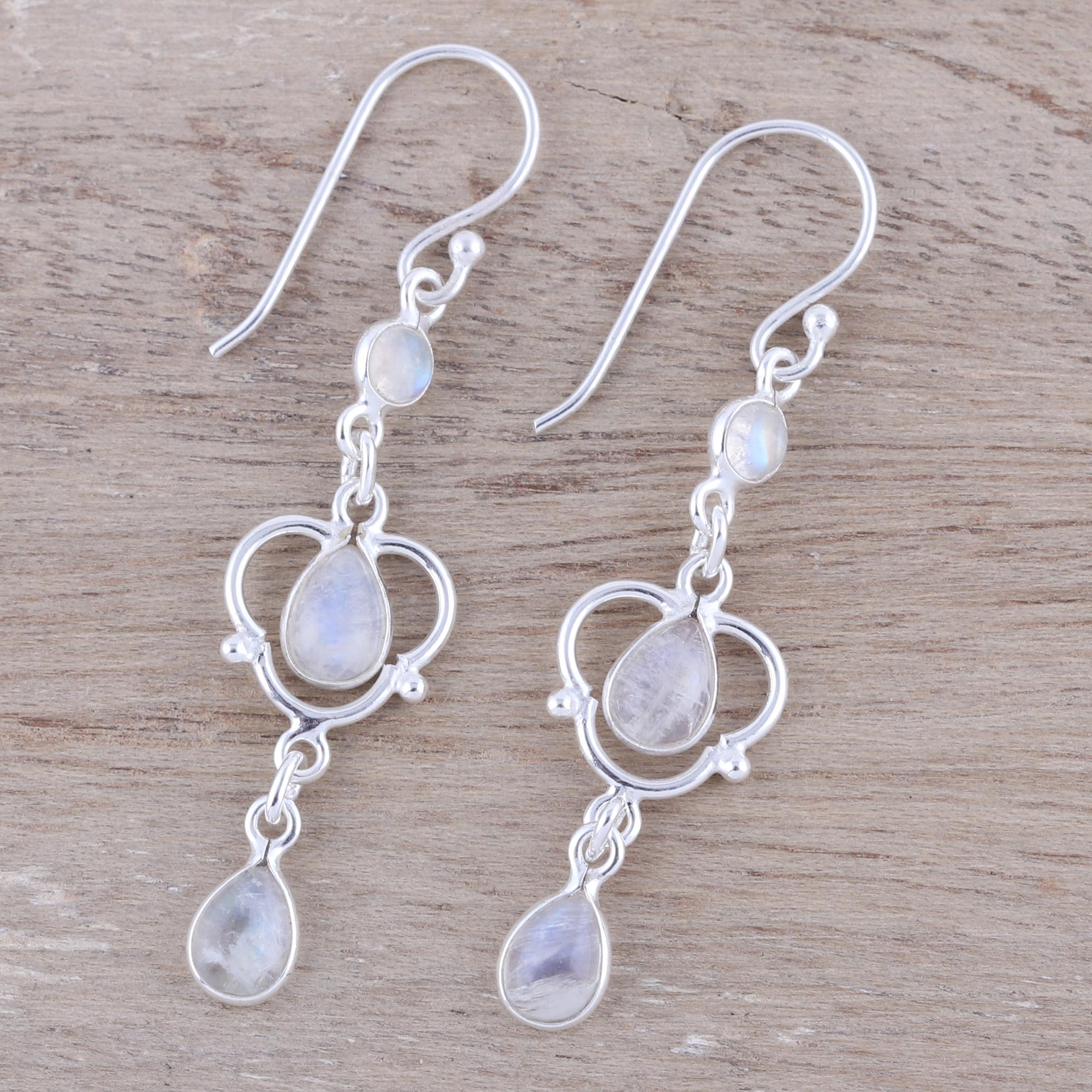 Premium Iridescent Rain Sterling Silver Dangle Earrings with Rainbow Moonstone