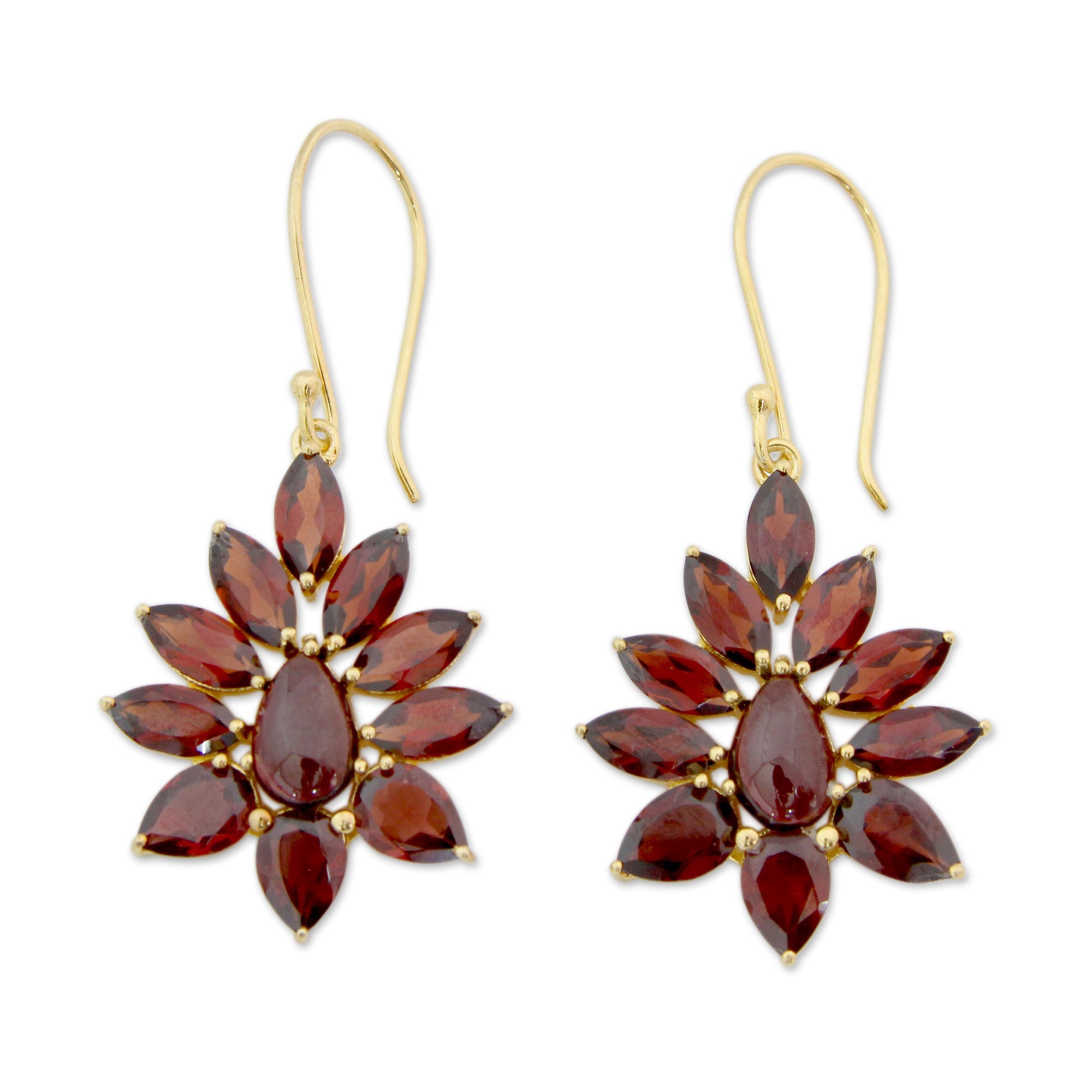 Premium Claret Sunburst 18k Gold Plated Garnet Earrings - Handcrafted Luxury