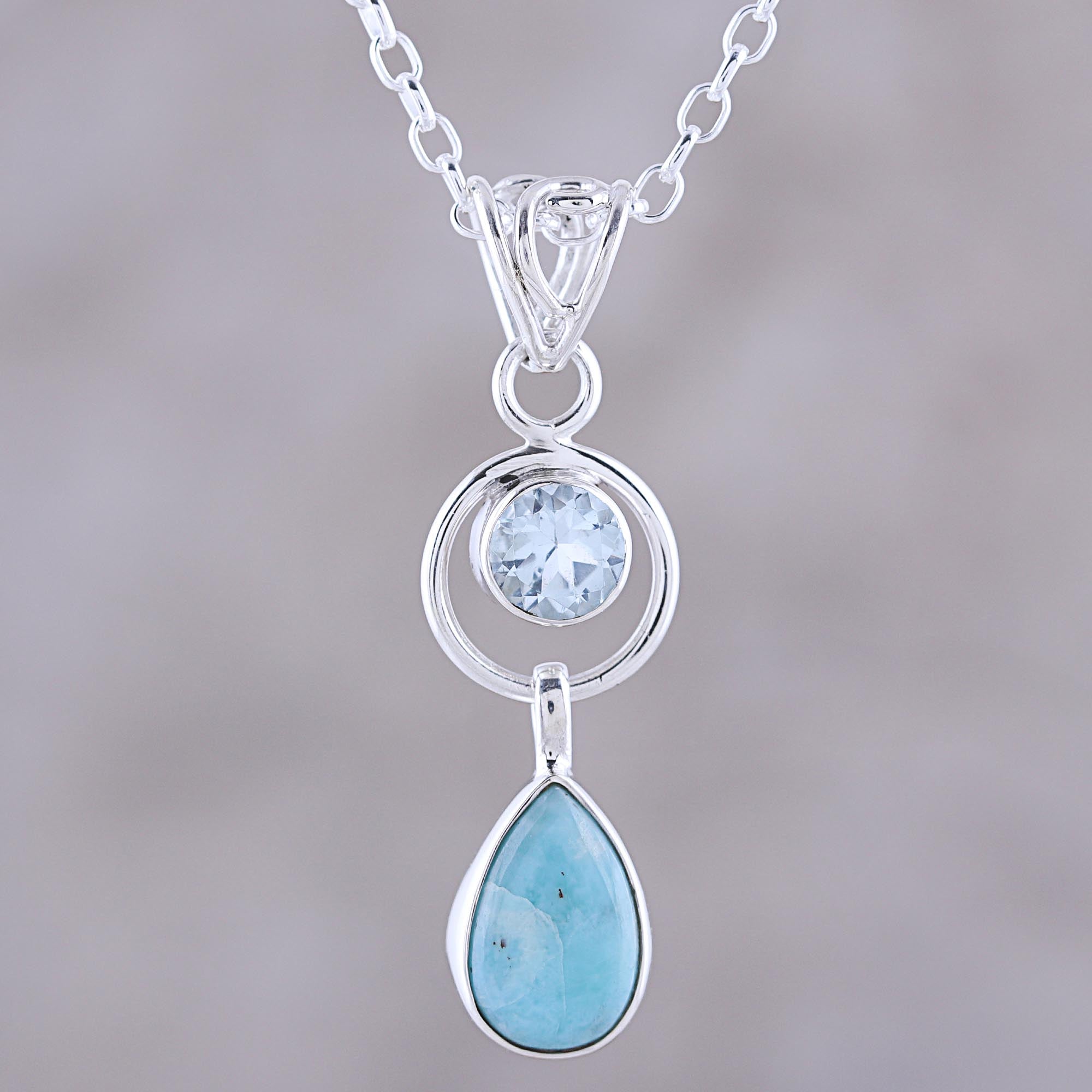 Premium Gleaming Daylight Larimar & Blue Topaz Pendant Necklace - Handcrafted in India