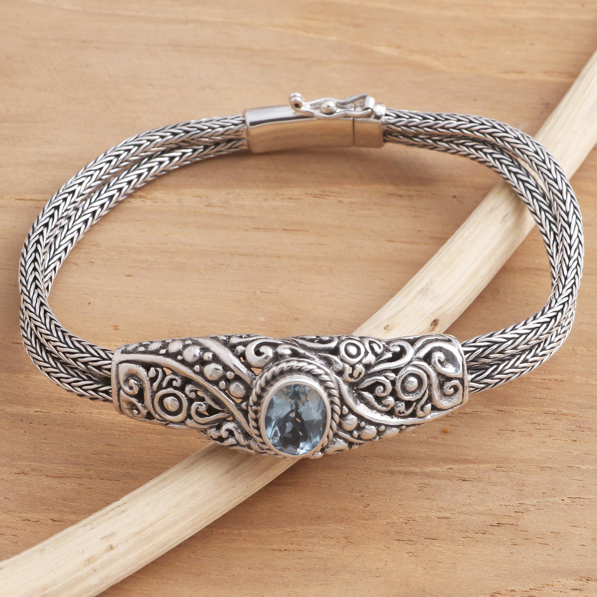 Premium Double Naga Balinese Blue Topaz Bracelet with Sterling Silver Chain