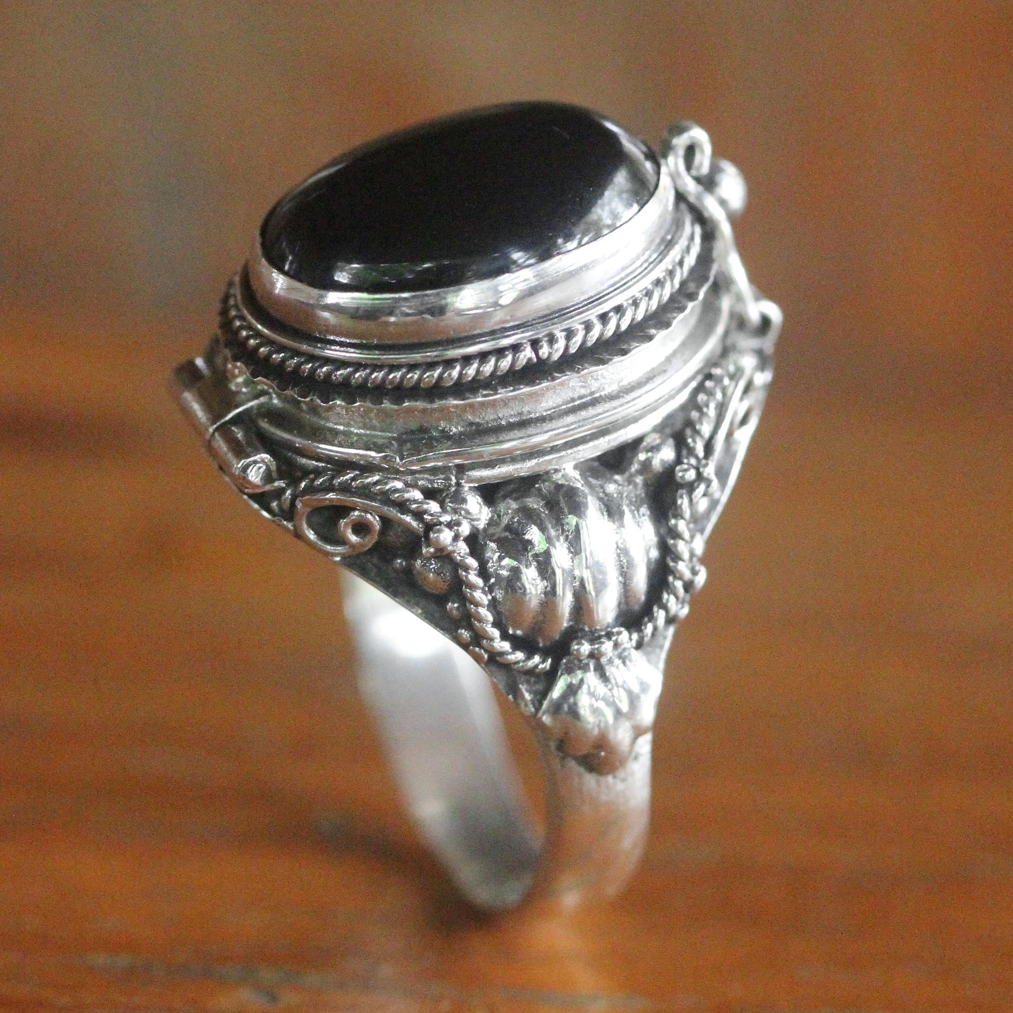 Premium Gothic Sterling Silver Secret Compartment Ring with Onyx