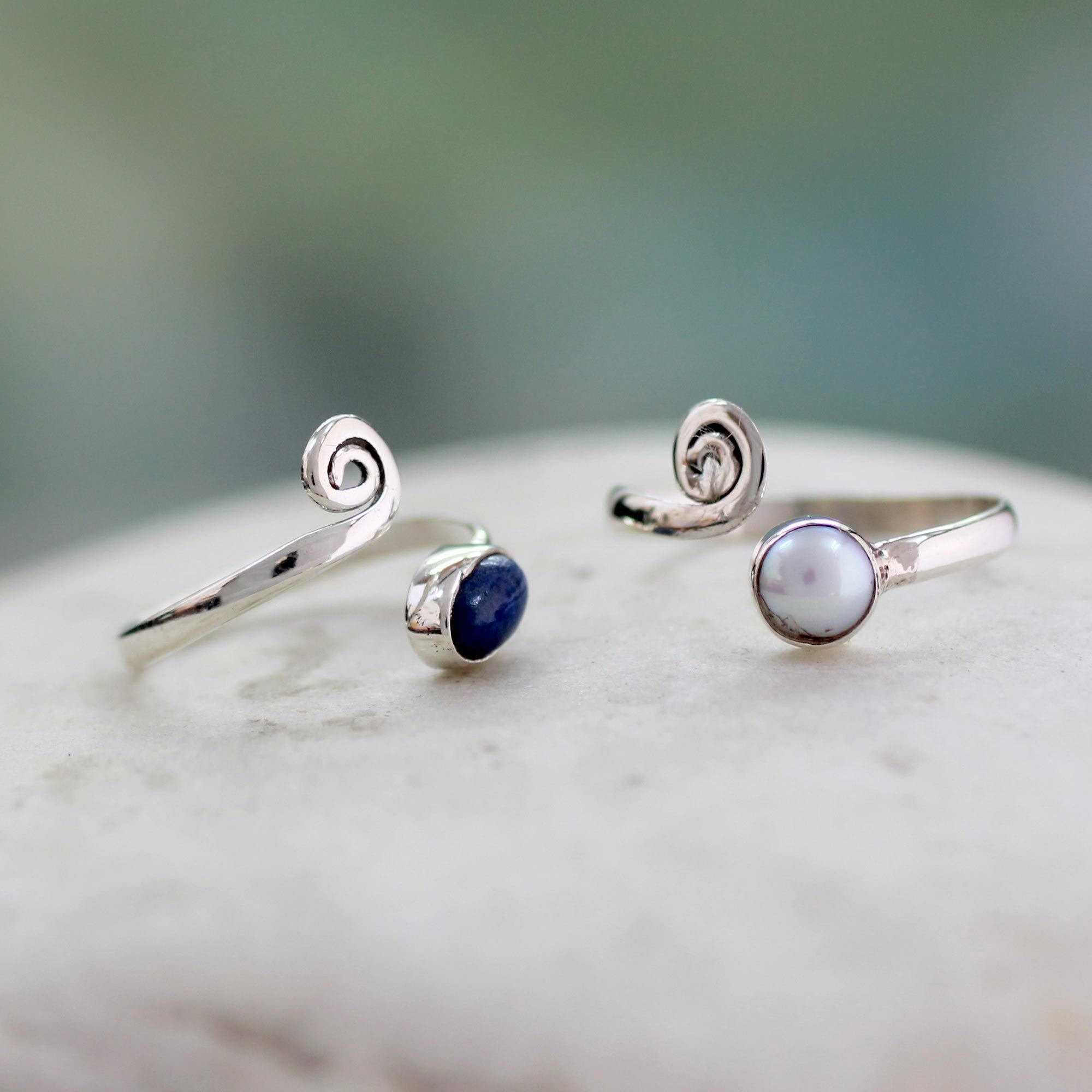 Premium Pearl & Lapis Lazuli Toe Ring Set - Handcrafted Sterling Silver