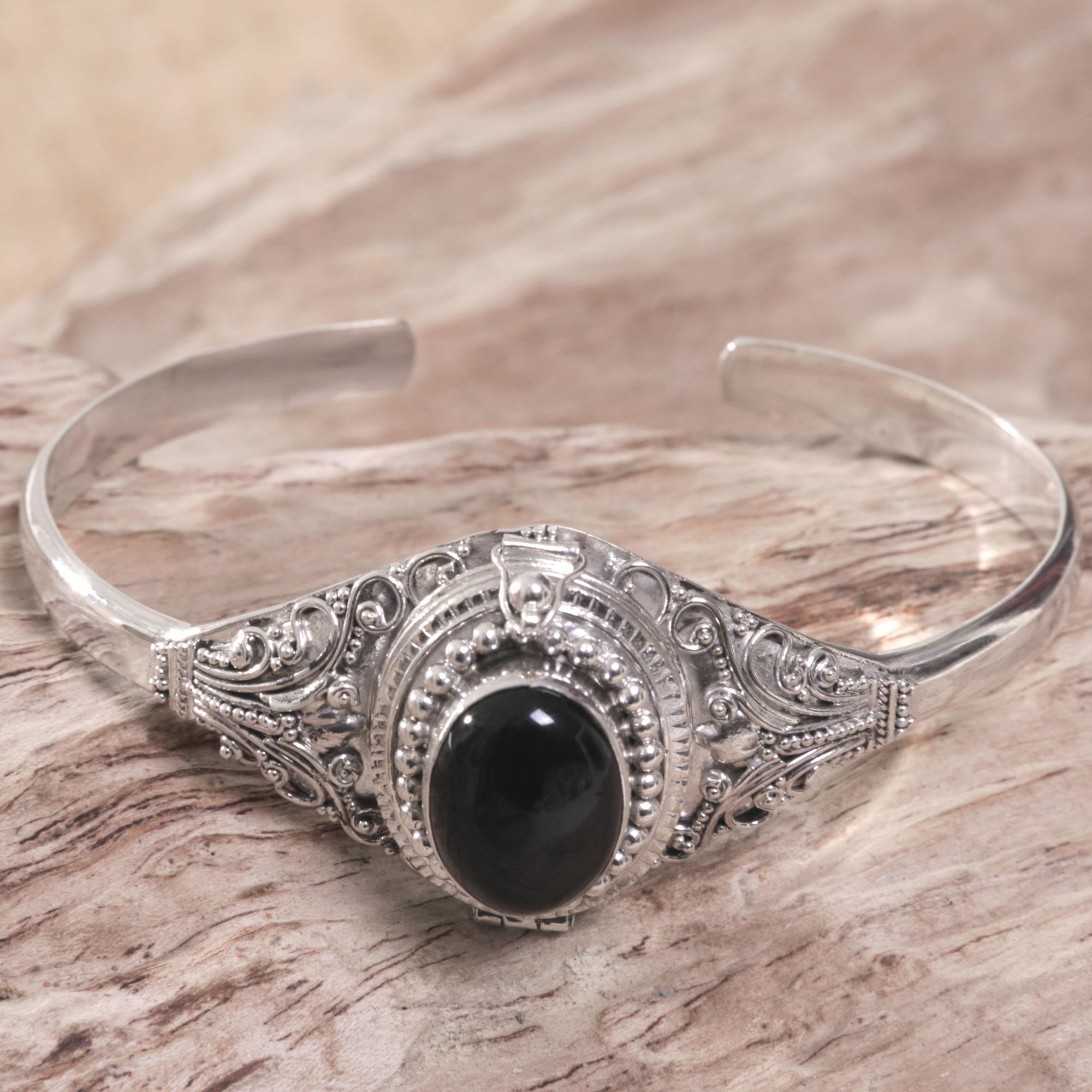 Premium Onyx & Sterling Silver Cuff Locket Bracelet - Handcrafted in Bali