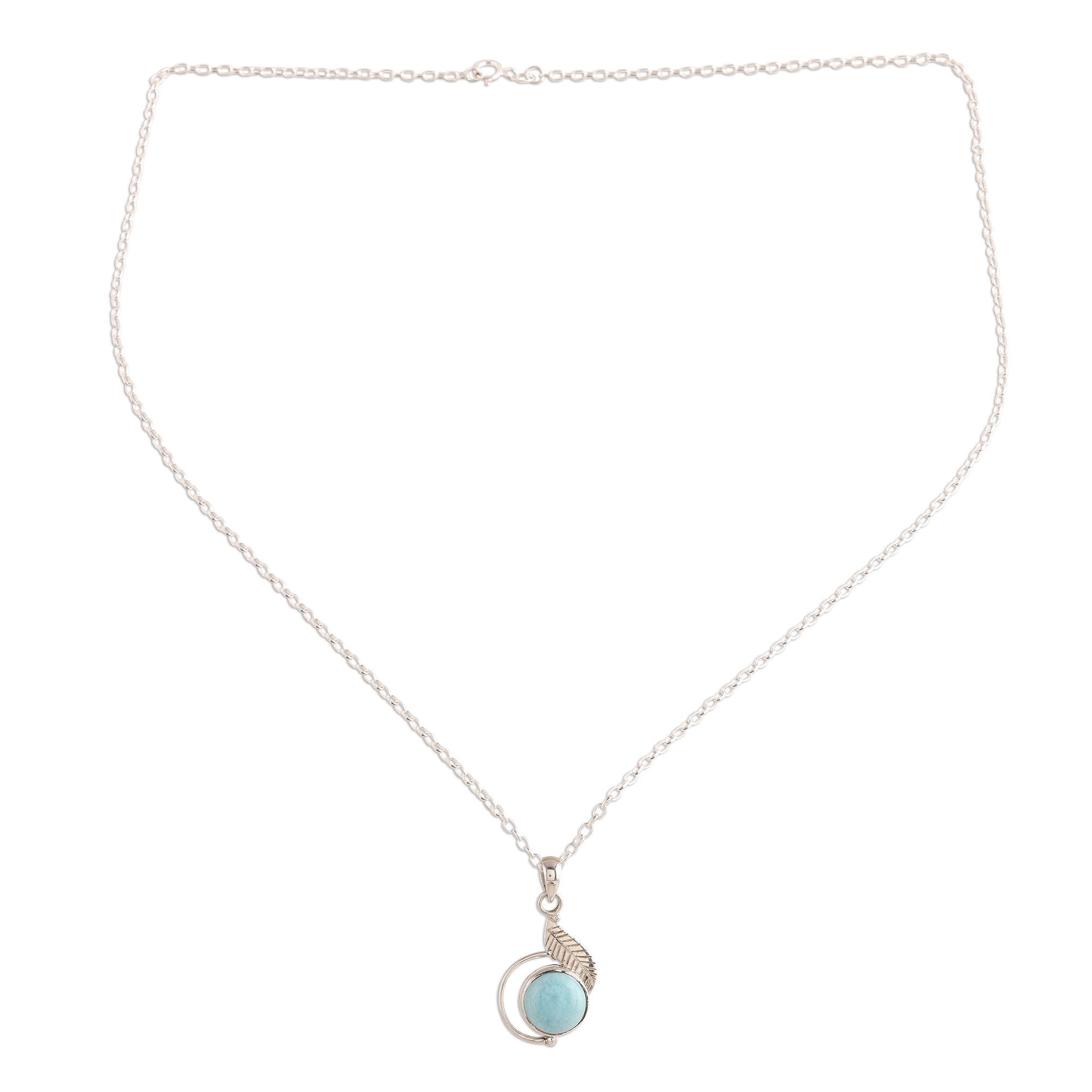 Premium Larimar Leaf Pendant Necklace - Handcrafted Sterling Silver Jewelry