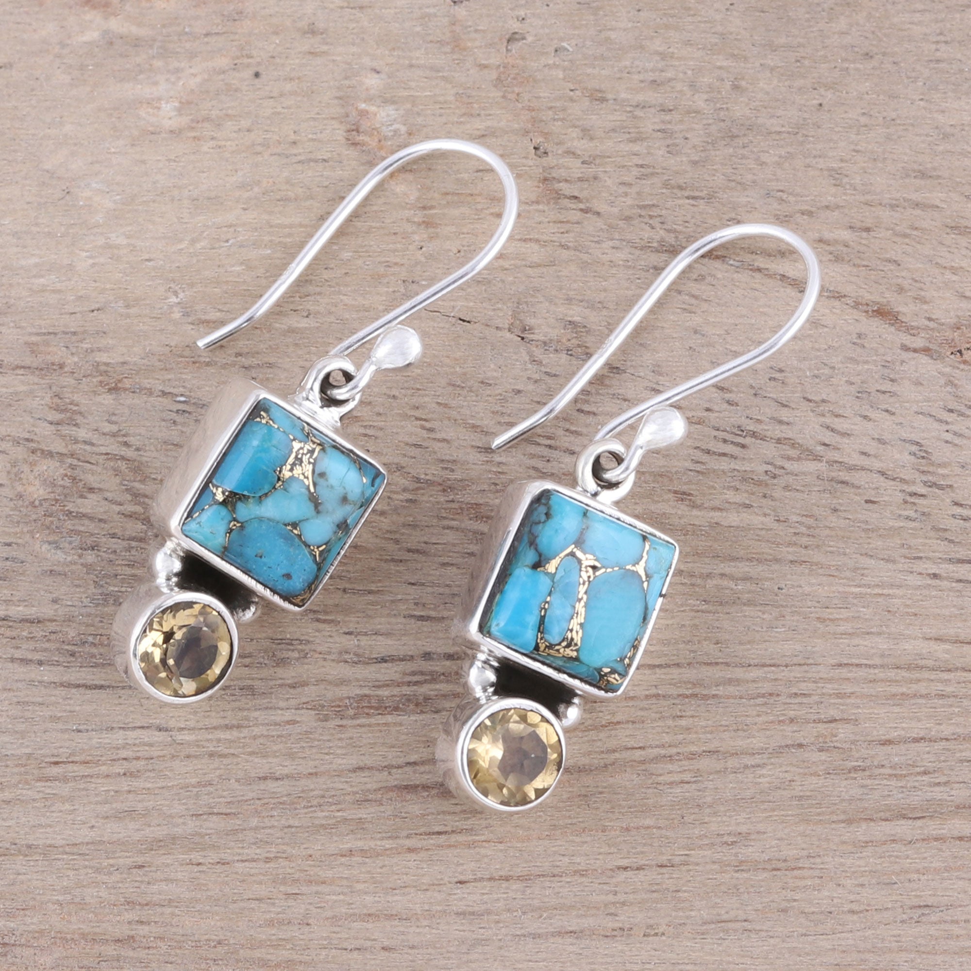 Premium Citrine & Turquoise Dangle Earrings - Handcrafted Sterling Silver Jewelry from India