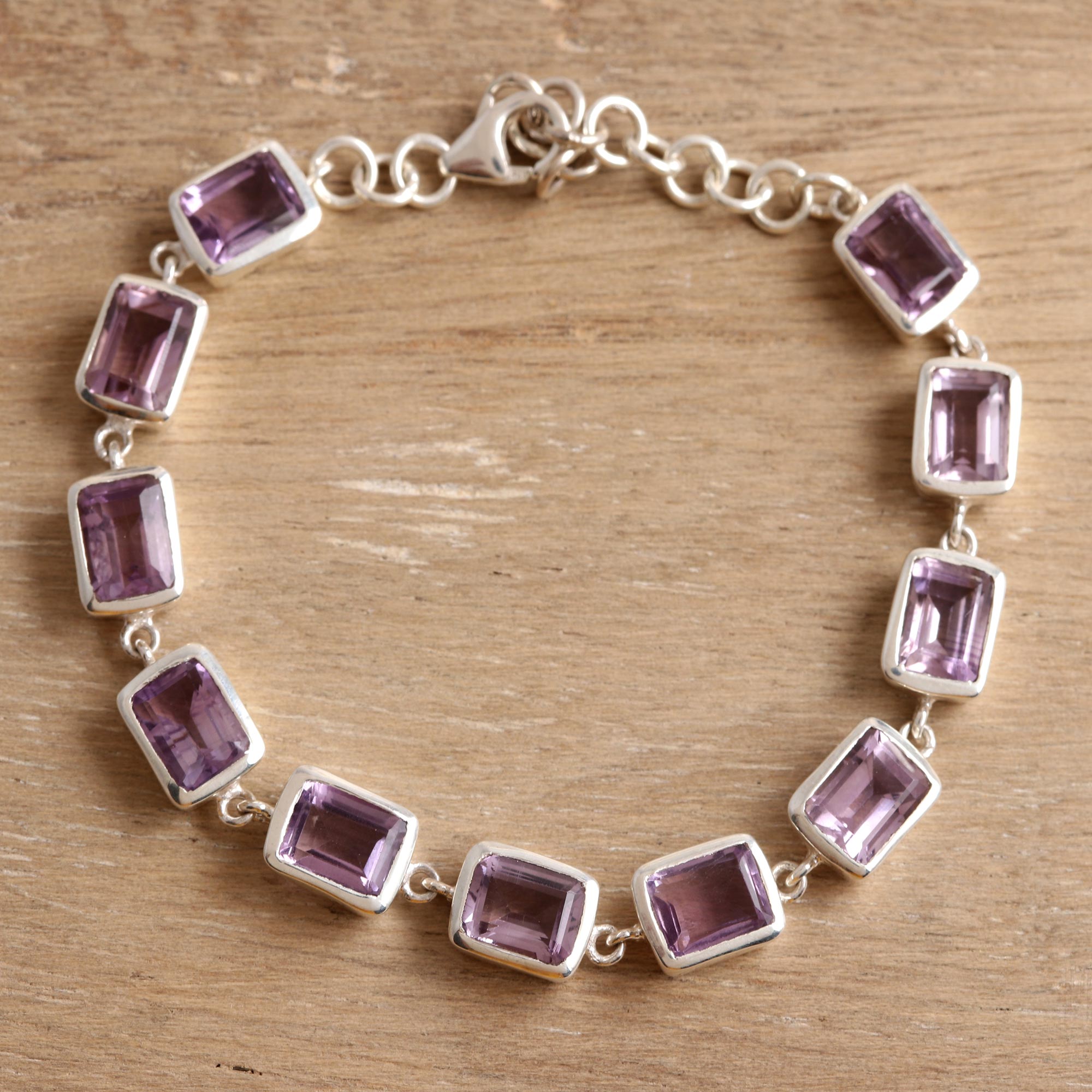 Premium Royal Rectangles Amethyst Bracelet - Handcrafted Sterling Silver Jewelry from India