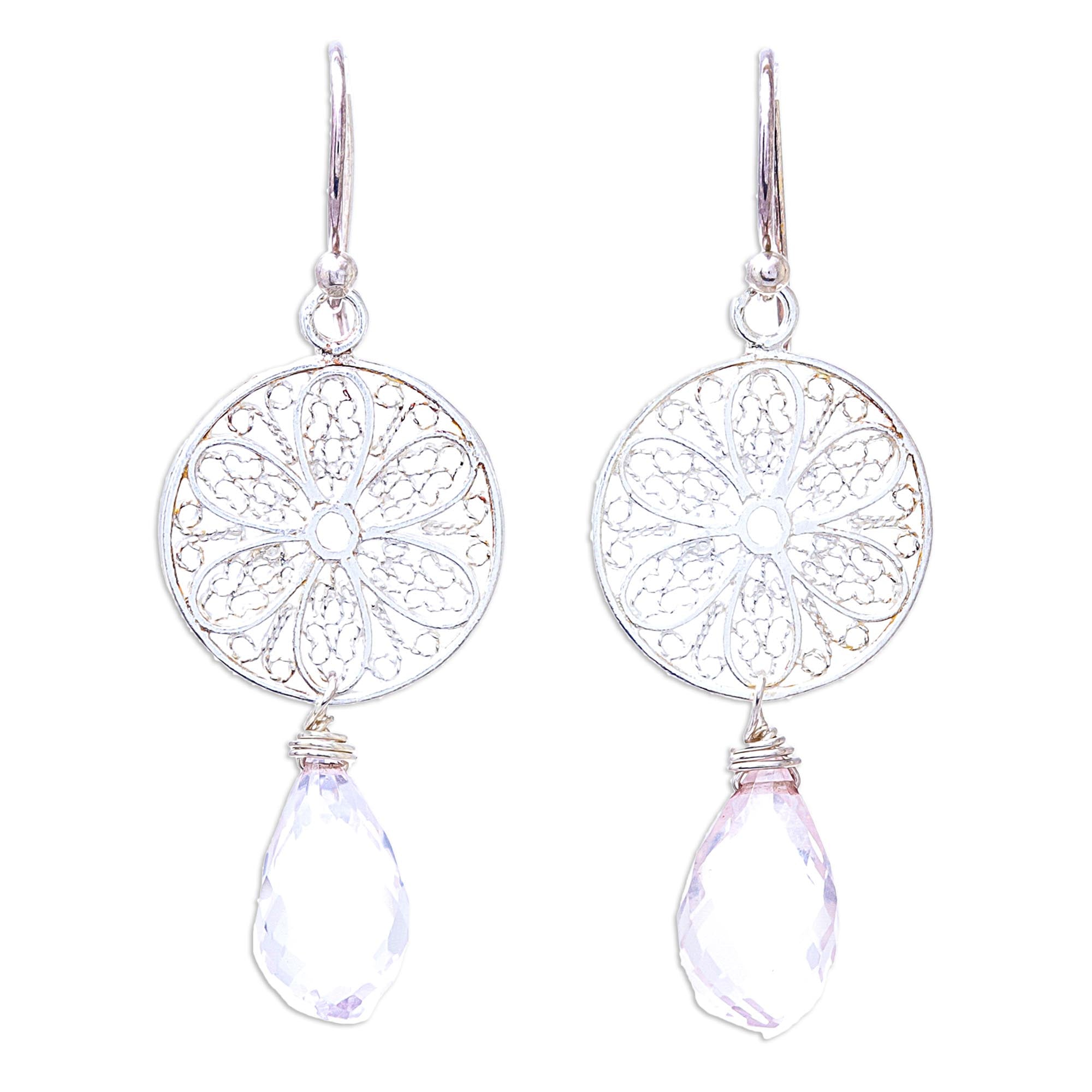 Premium Rose Quartz Dangle Earrings with Sterling Silver Web Design