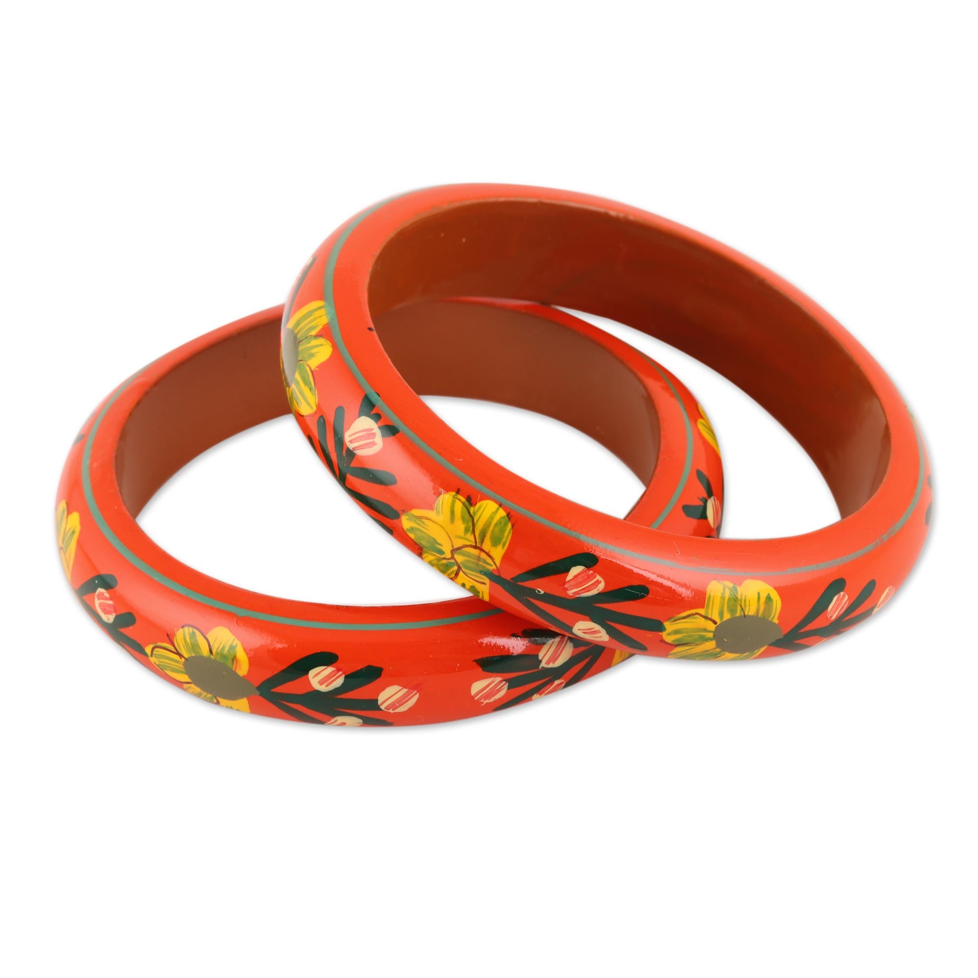 Premium Vermilion Garden Floral Haldu Wood Bangle Bracelets (Pair) - Handcrafted Elegance