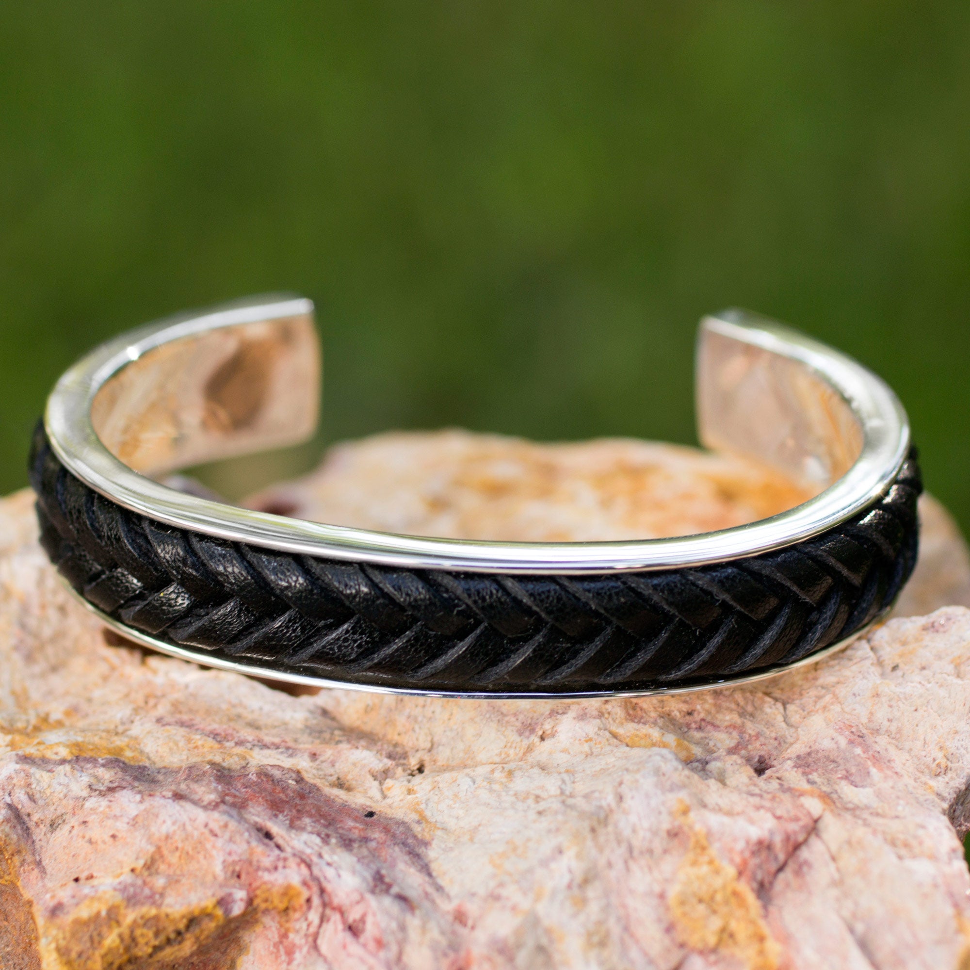 Premium Handcrafted Black Taxco Silver Cuff Bracelet with Leather Braid