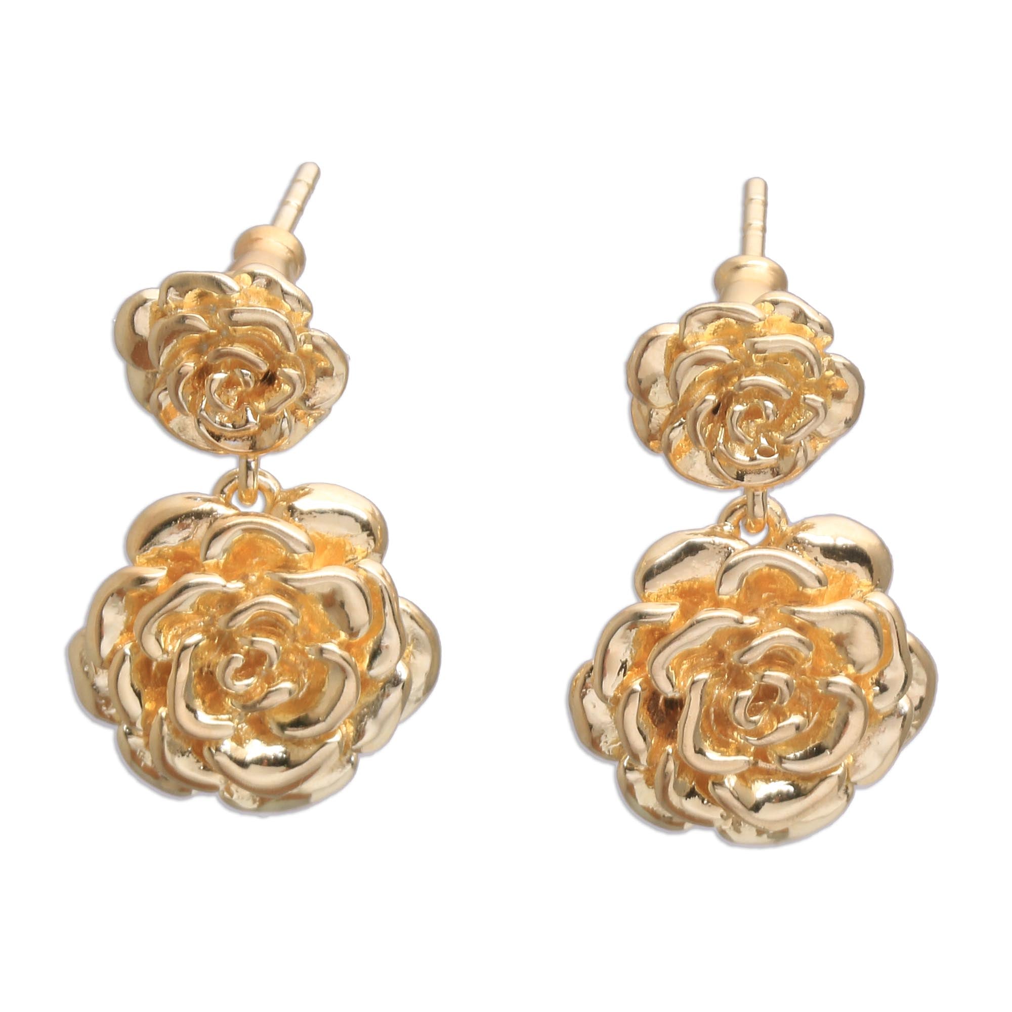 Premium Blooming Rose 18k Gold Plated Sterling Silver Dangle Earrings