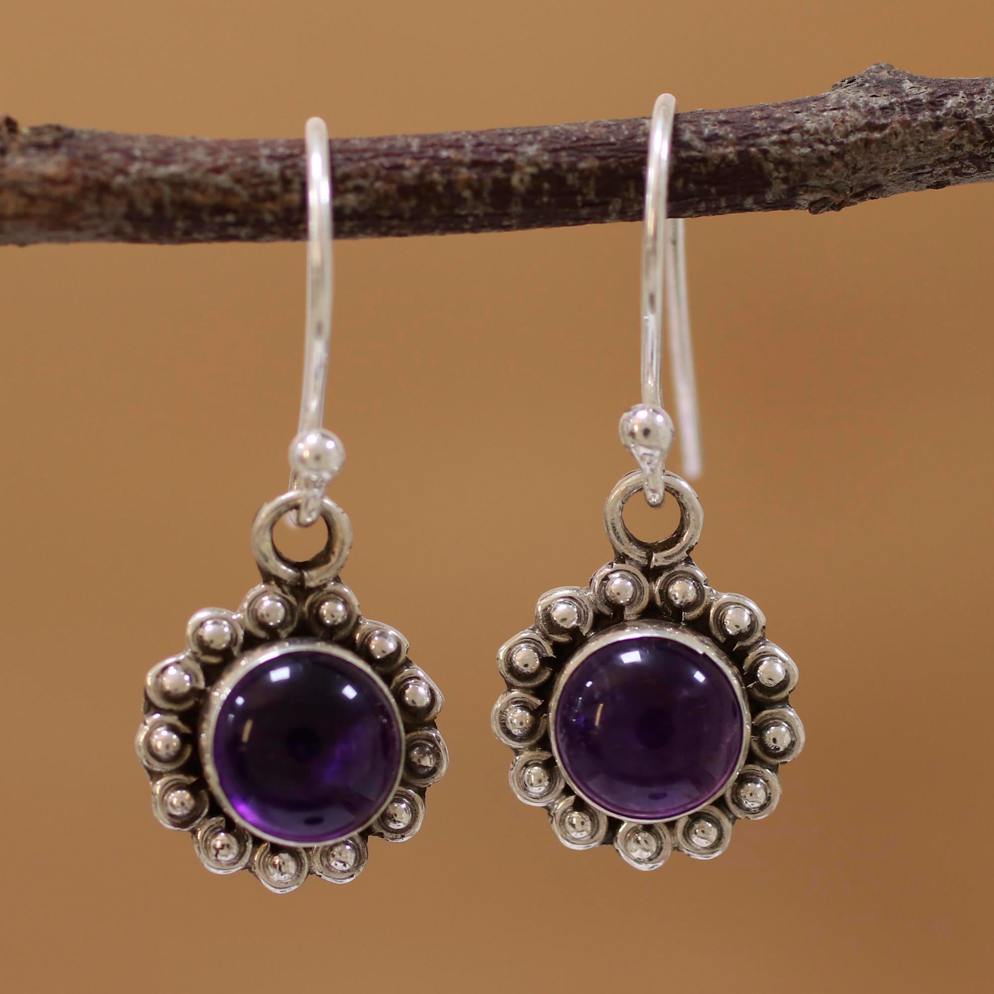 Premium Indian Amethyst Floral Dangle Earrings in Sterling Silver