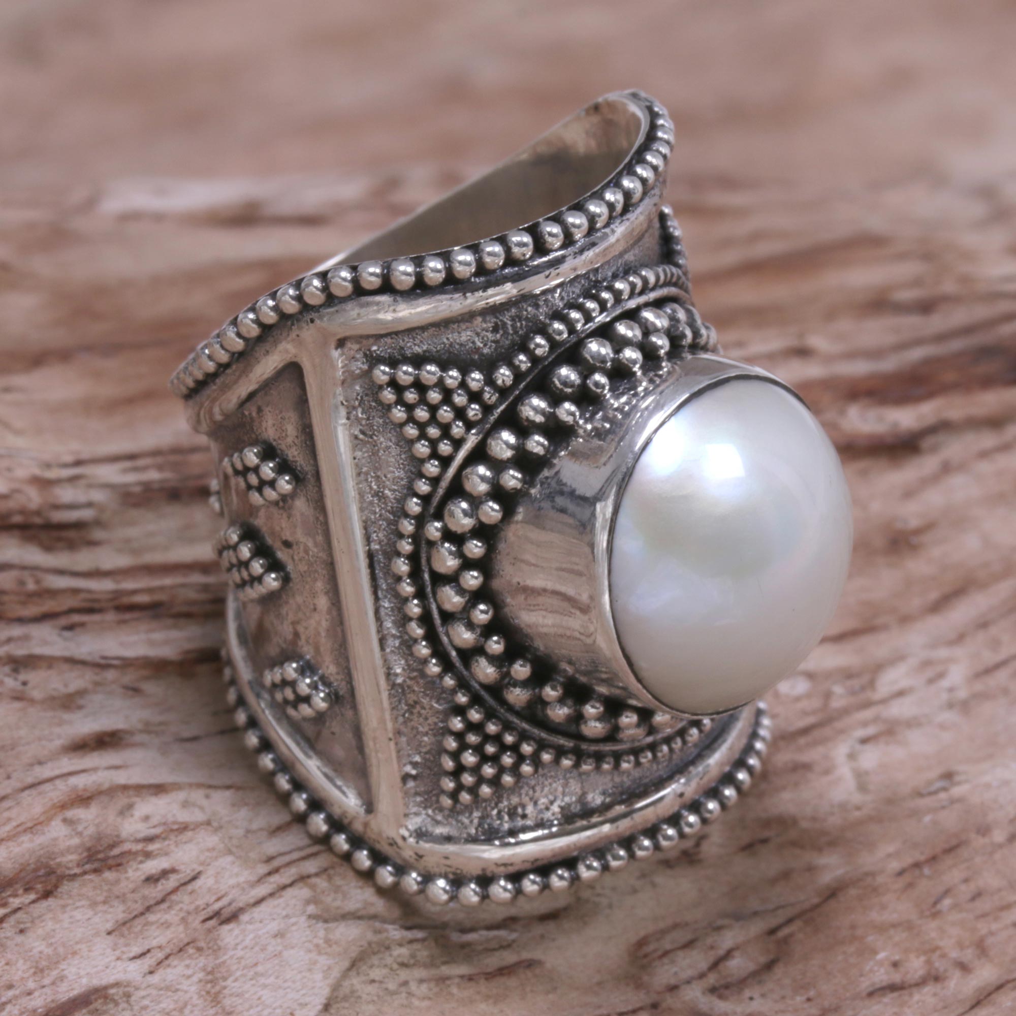 Premium Glowing Heroine Sterling Silver & Cultured Mabe Pearl Ring - Bali Handcrafted Jewelry