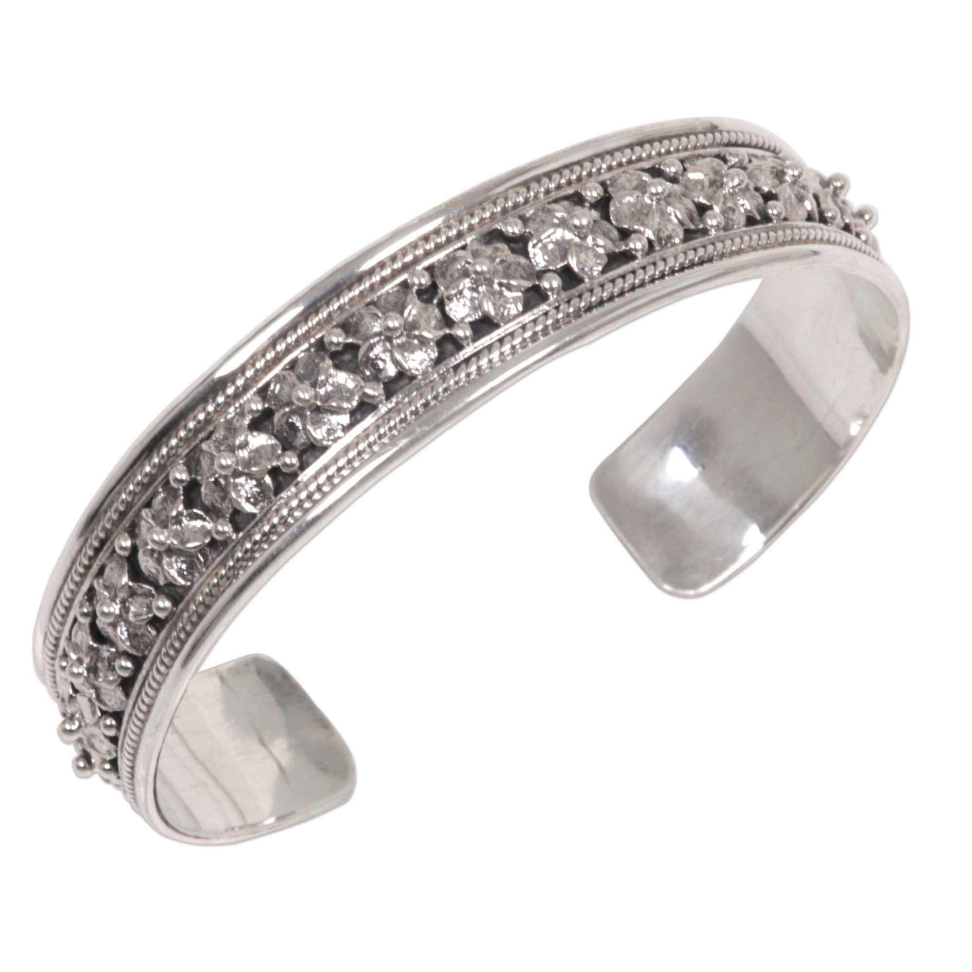 Premium Frangipani Sterling Silver Cuff Bracelet - Handcrafted Elegance