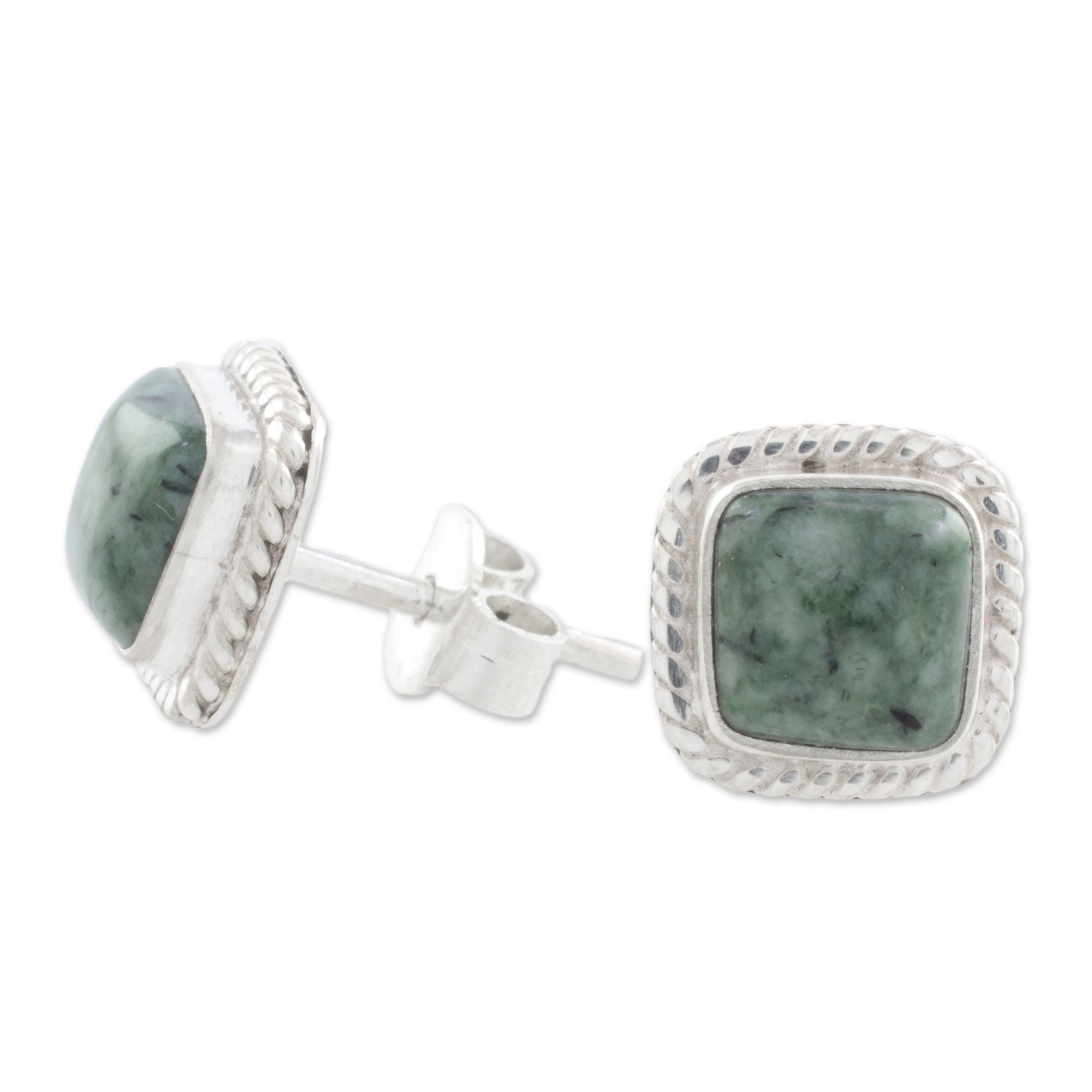 Premium Green Jade & Sterling Silver Rope Motif Earrings - Handcrafted in Guatemala