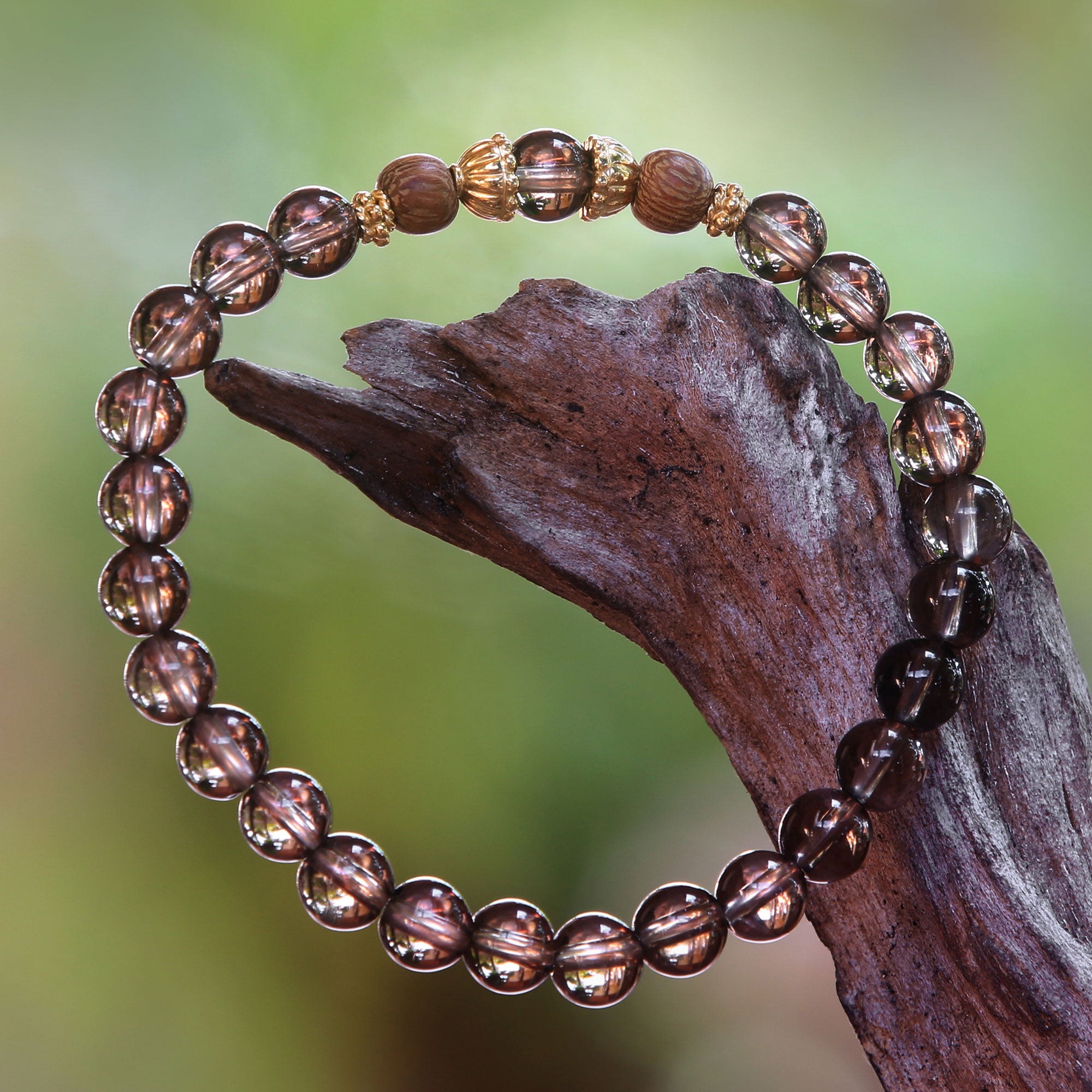 Premium Smoky Quartz Stretch Bracelet with Wood & Gold Accents