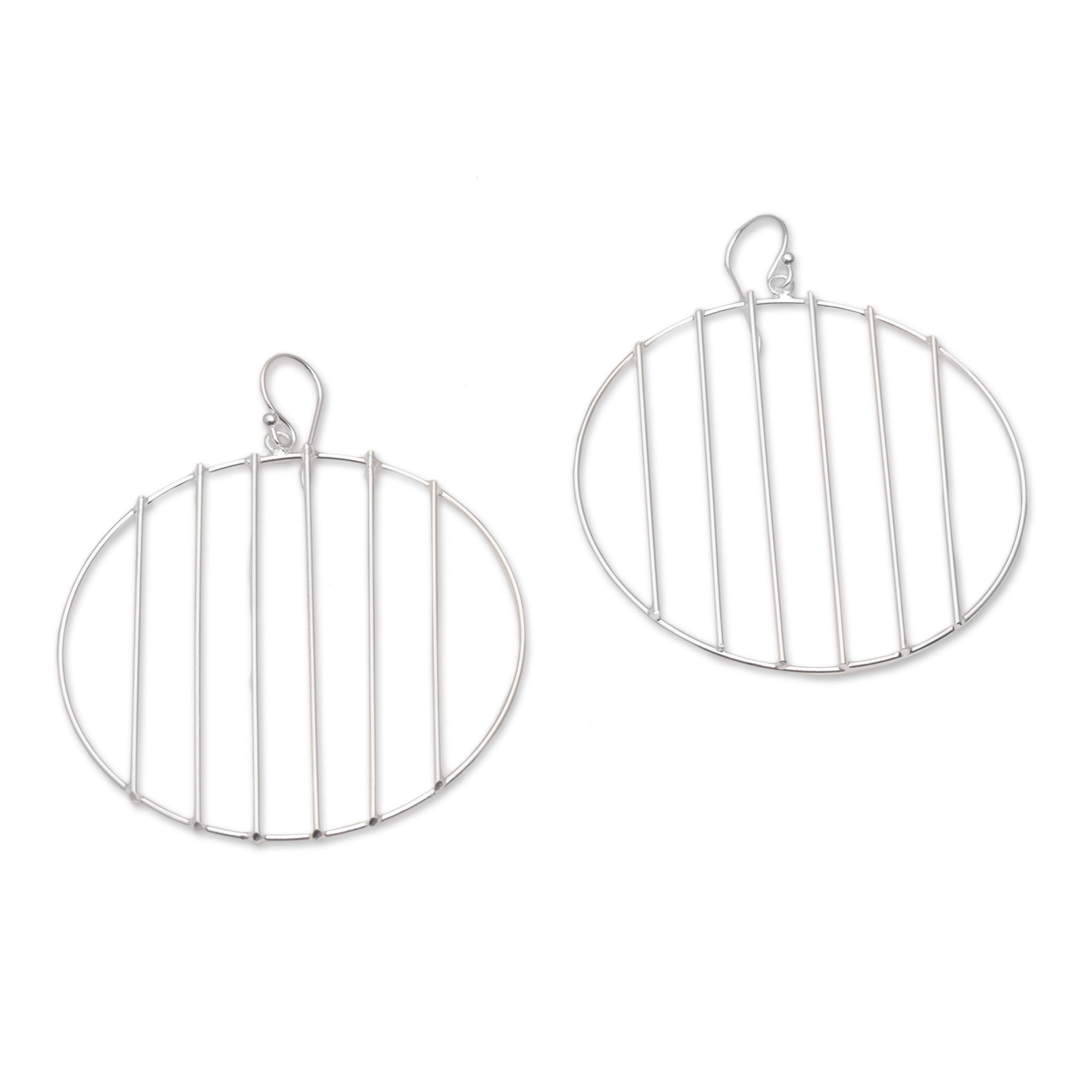 Premium Sterling Silver Vertical Line Circle Dangle Earrings by Desi Antari