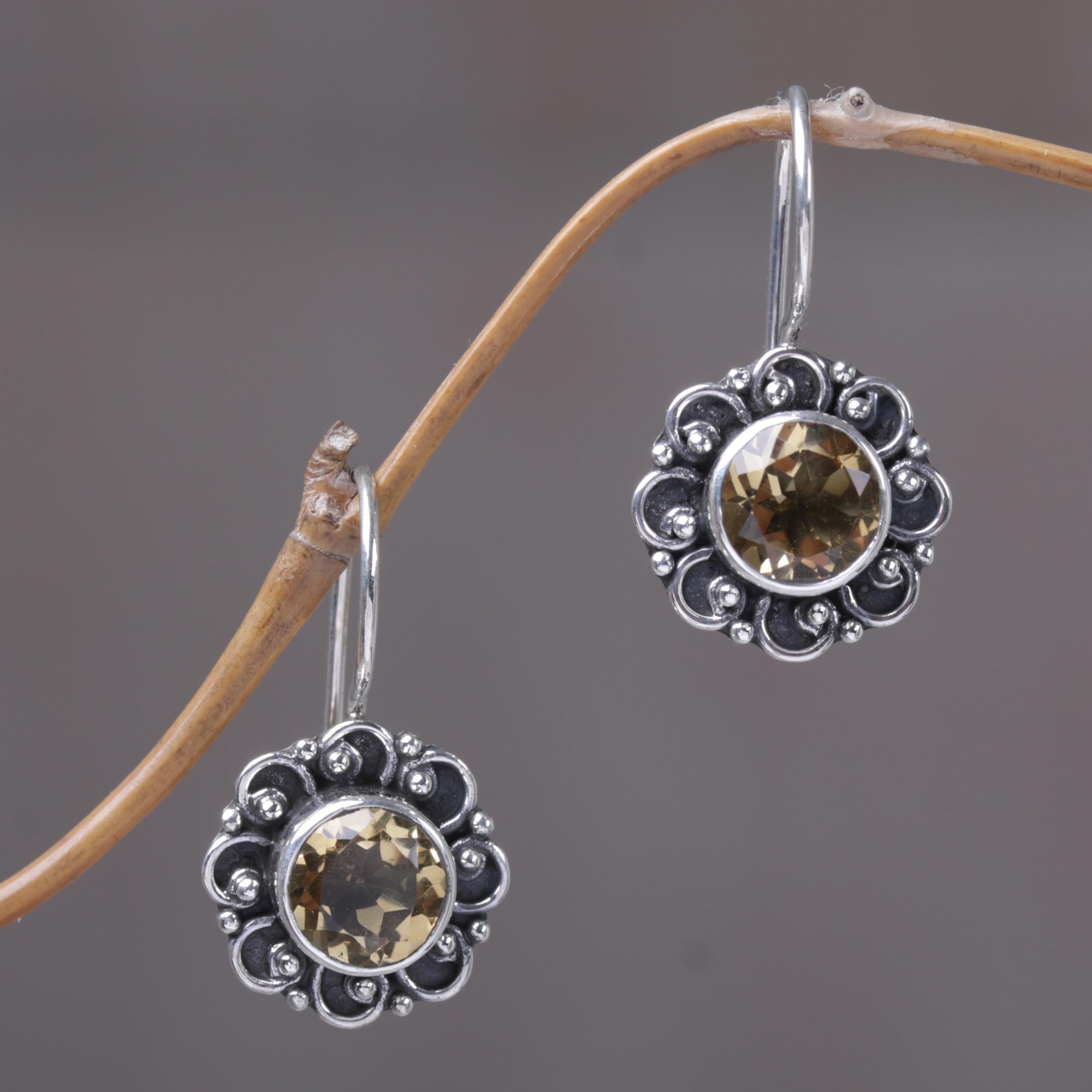 Premium Singaraja Sunflower Sterling Silver & Citrine Drop Earrings