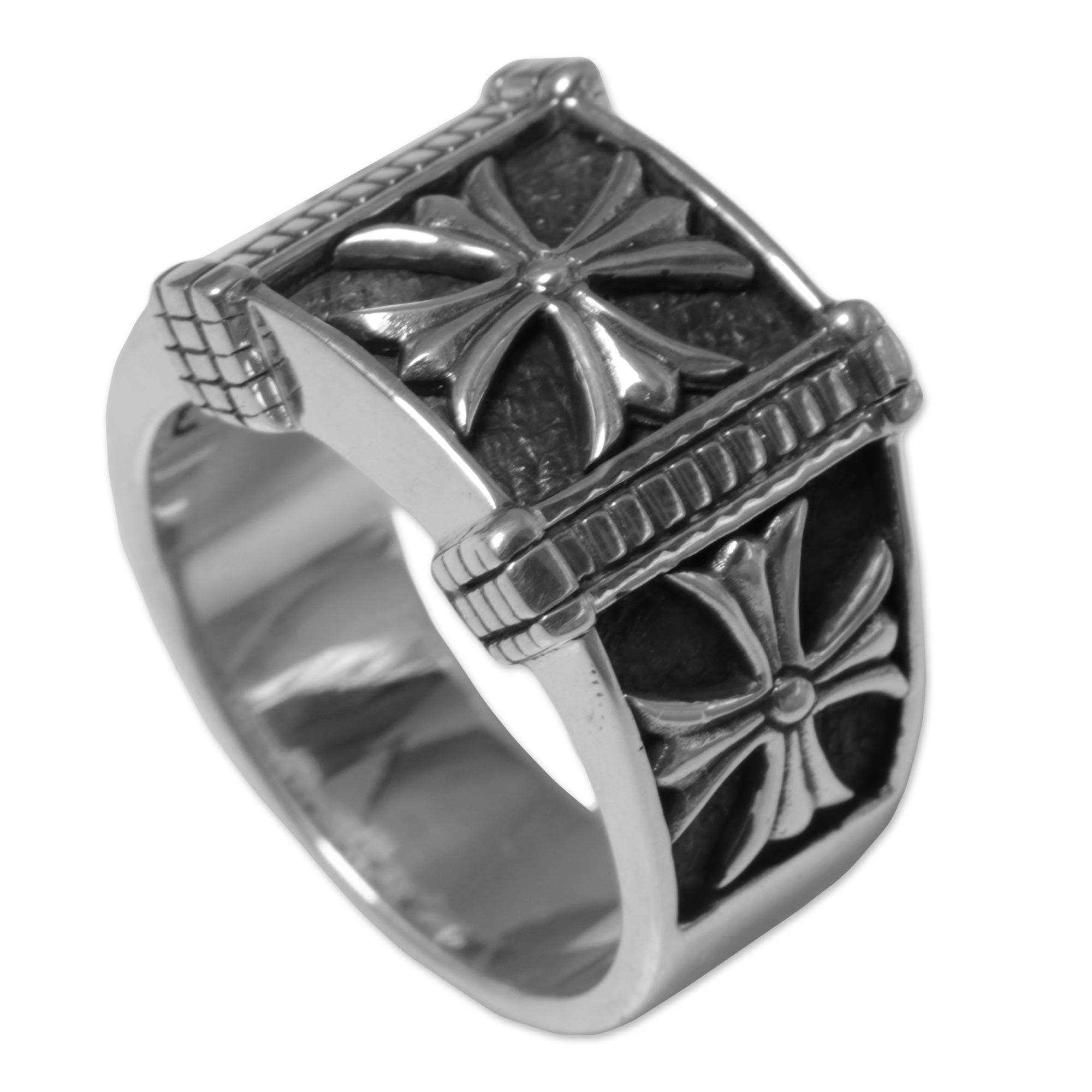 Premium Stallion Cross Men's Sterling Silver Ring - Handcrafted & Unique Design