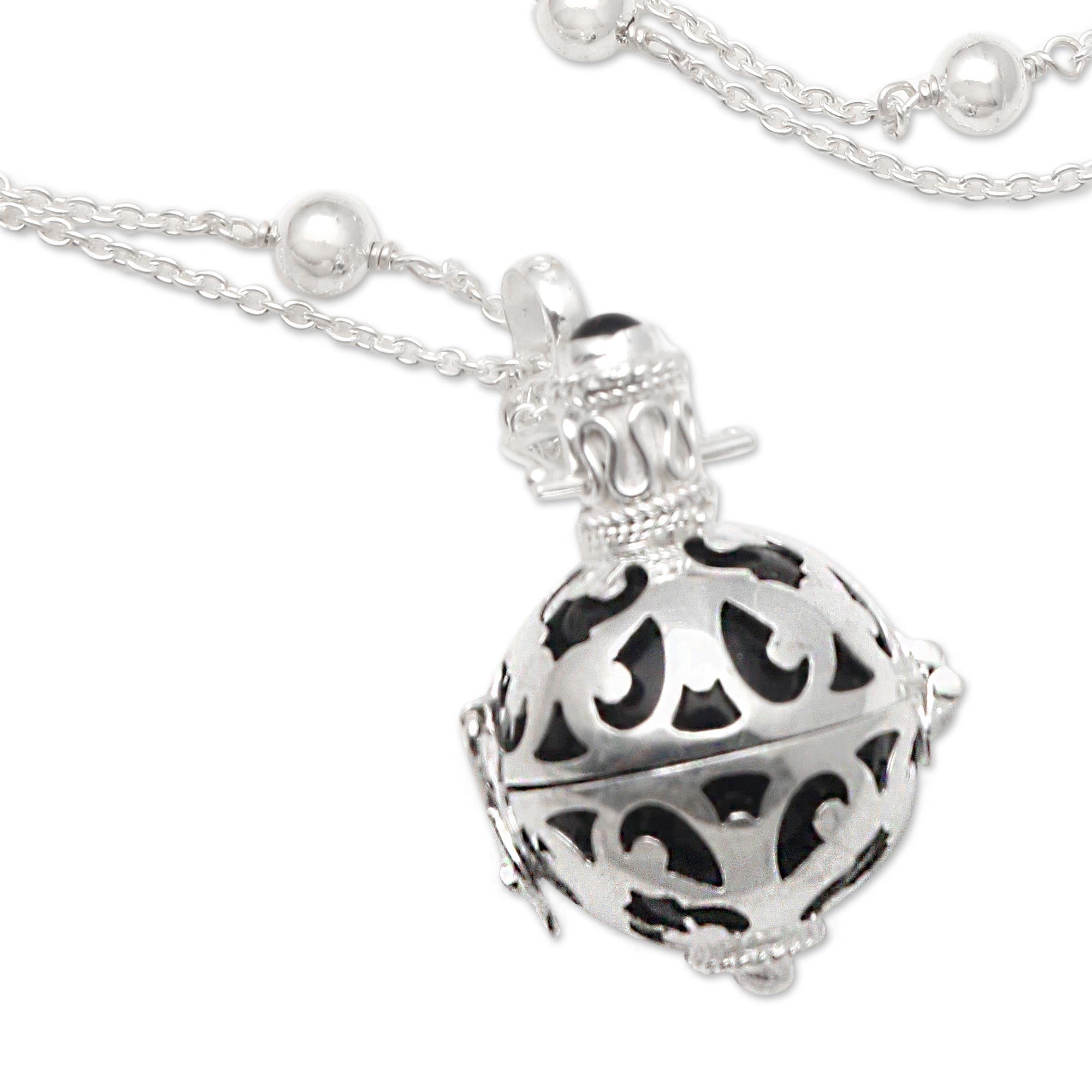 Premium Harmony Ball Necklace - Sterling Silver & Black Enamel with Onyx