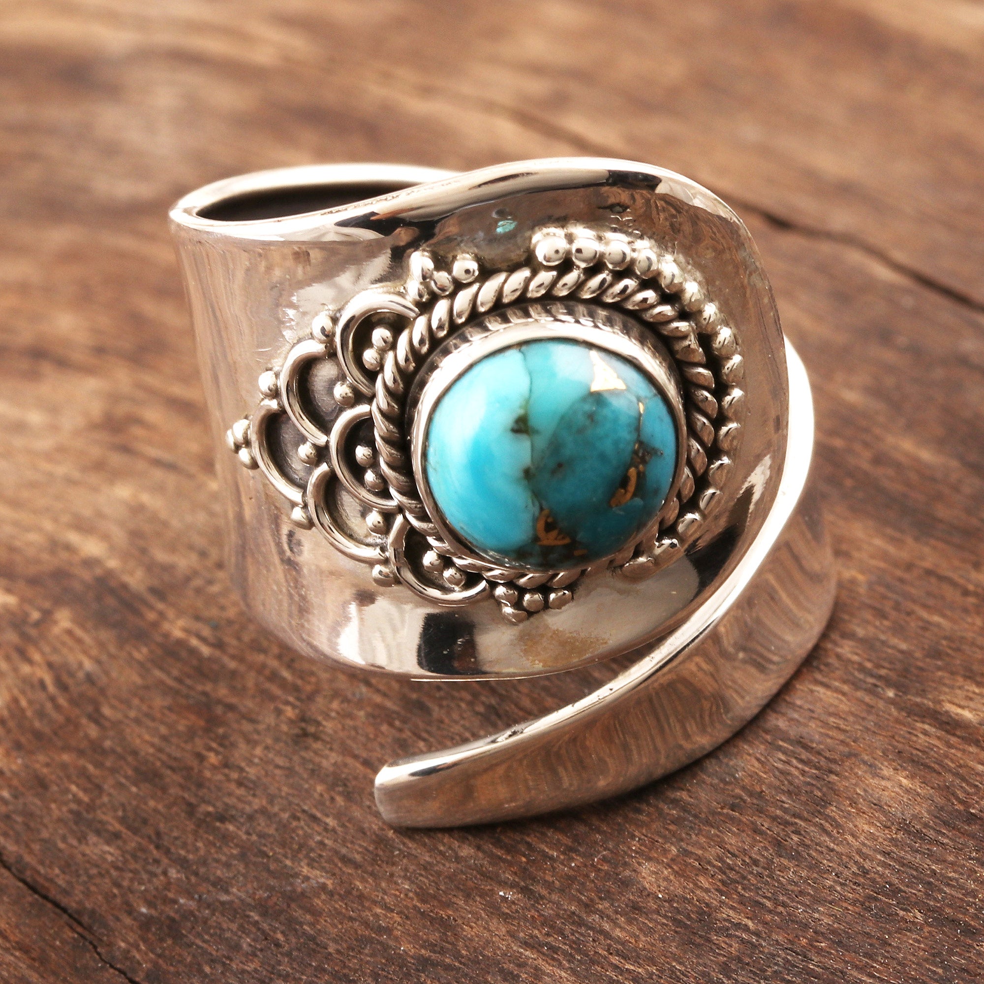 Premium Mermaid Scales Wrap Ring with Turquoise and Sterling Silver