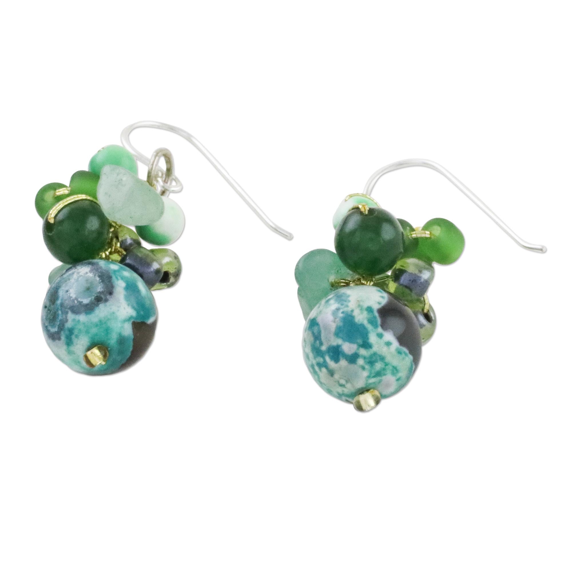 Premium Green Quartz and Glass Bead Dangle Earrings - Handcrafted in Thailand