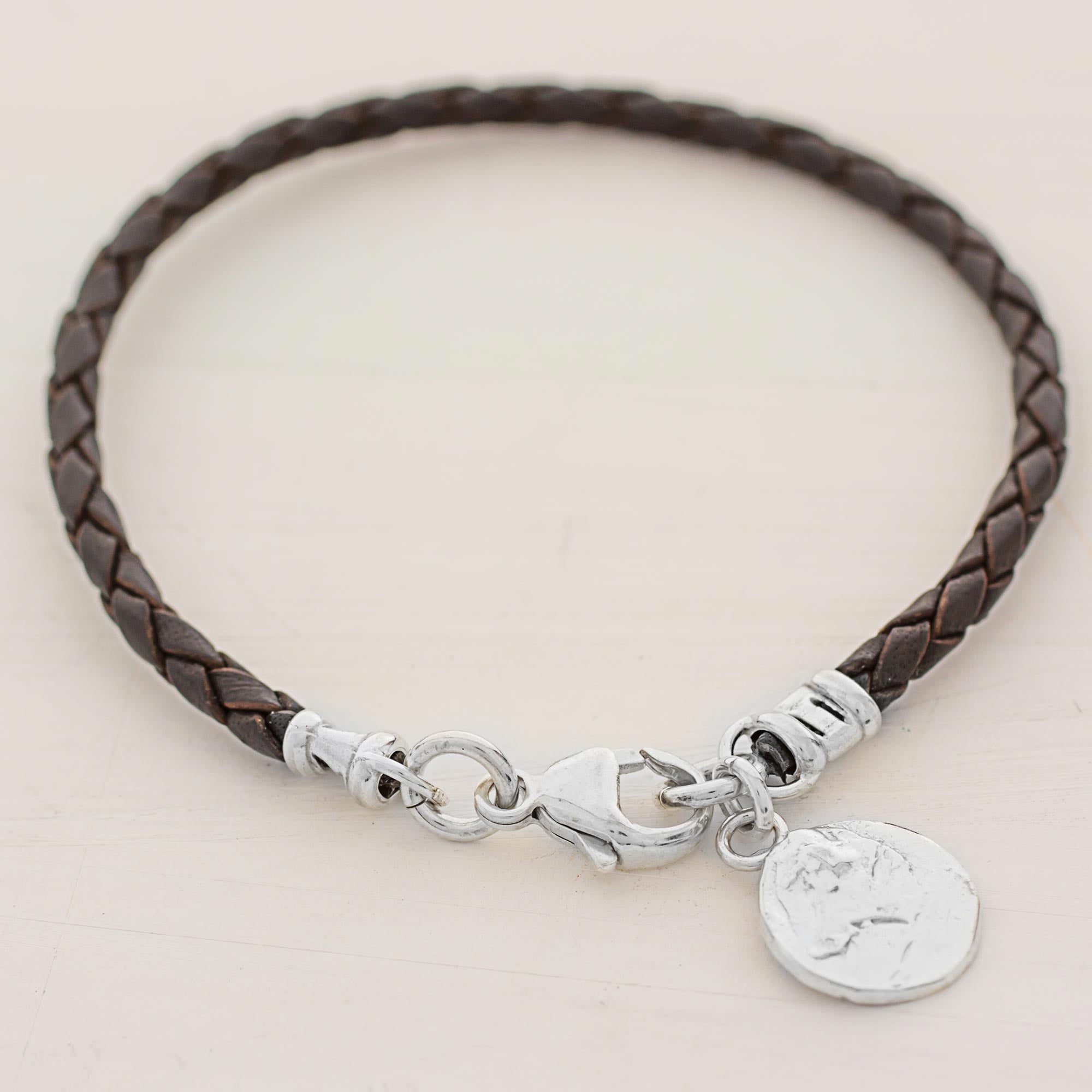 Premium Brown Leather Charm Bracelet with Fine Silver Accent - Handcrafted in Guatemala