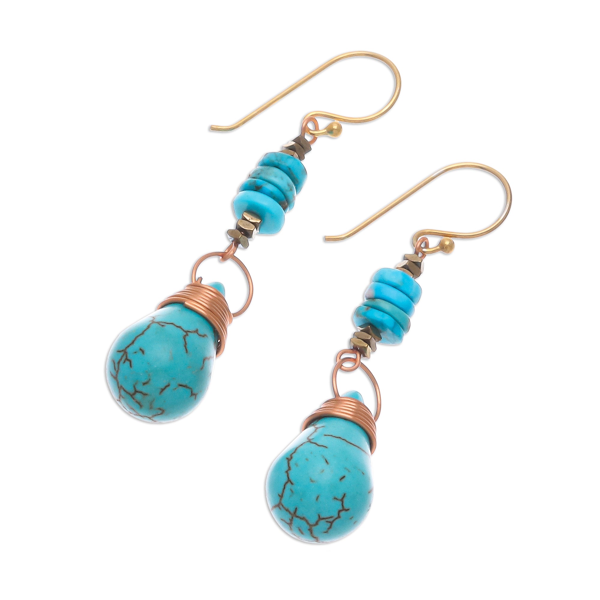 Premium Rainshower Howlite Pyrite Turquoise Dangle Earrings - Handcrafted Elegance