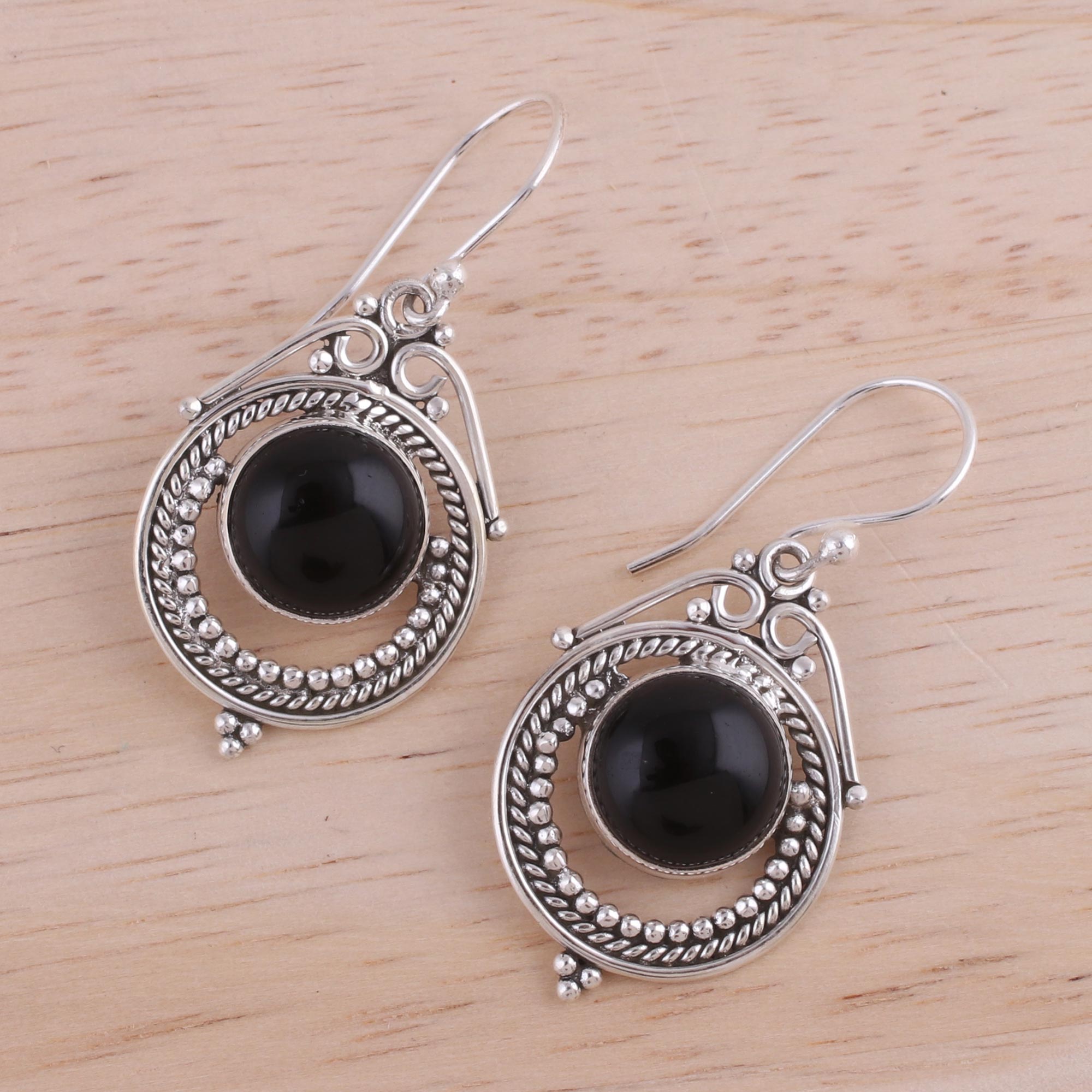 Premium Onyx Globe Sterling Silver Dangle Earrings – Handcrafted in India