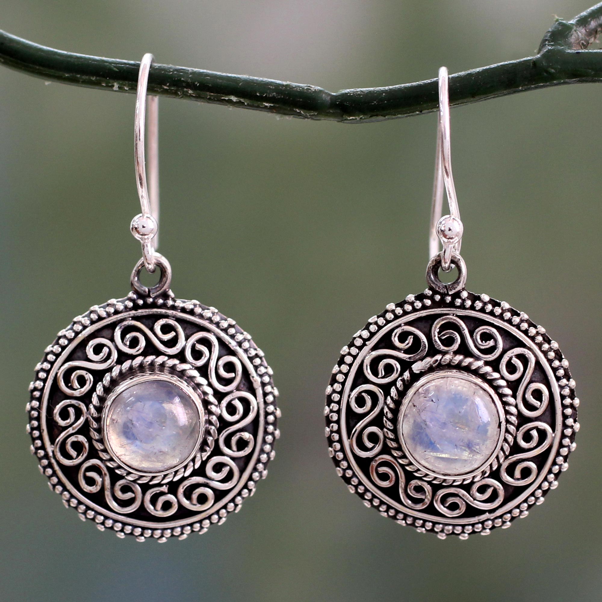 Premium Moonlight Mandala Rainbow Moonstone Dangle Earrings - Oxidized Silver Accents