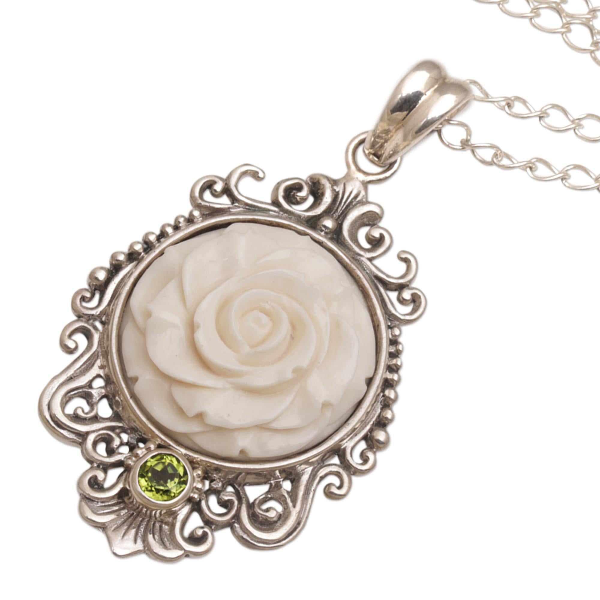 Premium Dreamy Rose Pendant Necklace with Peridot Accent