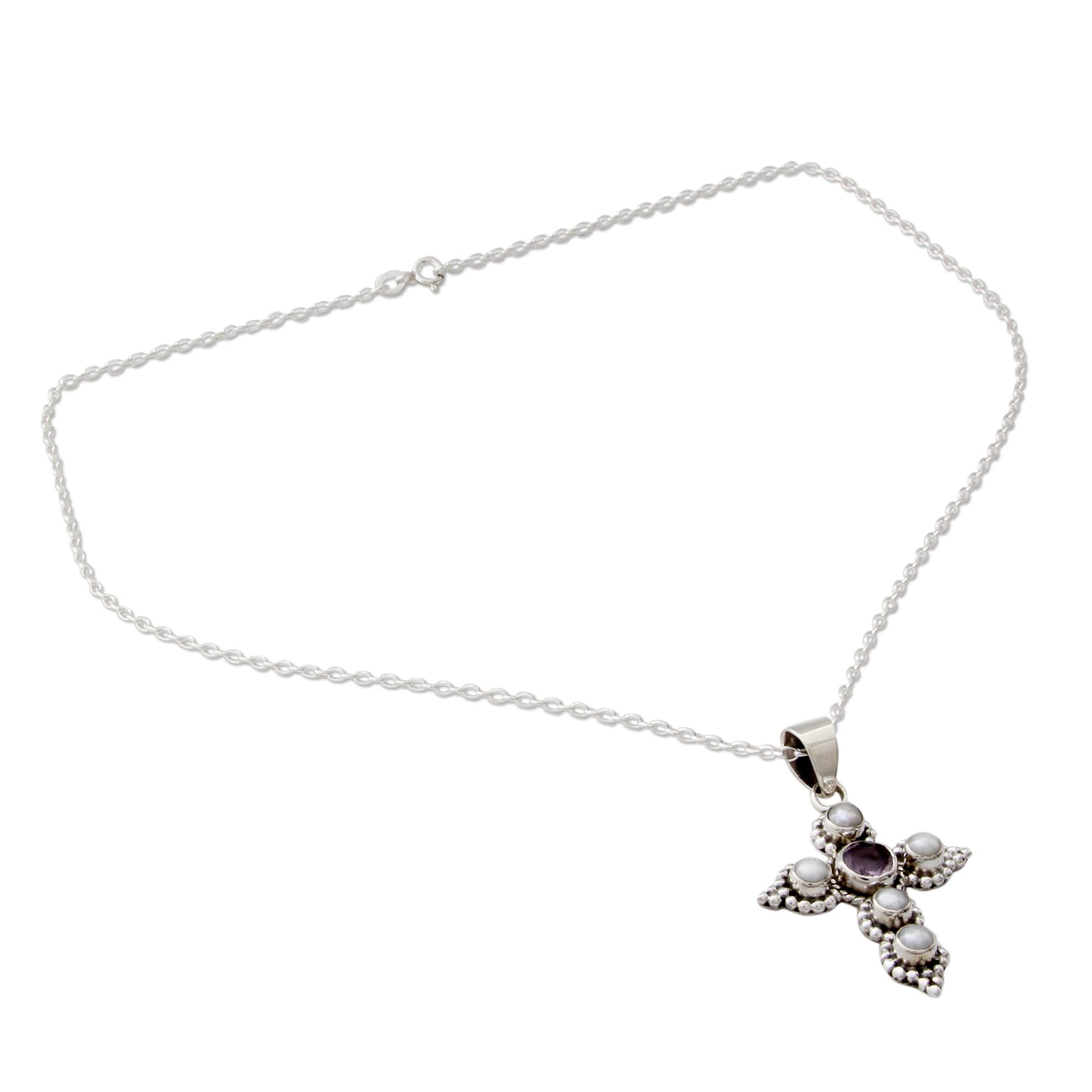 Premium Harmony in White Cultured Pearl & Amethyst Cross Pendant Necklace