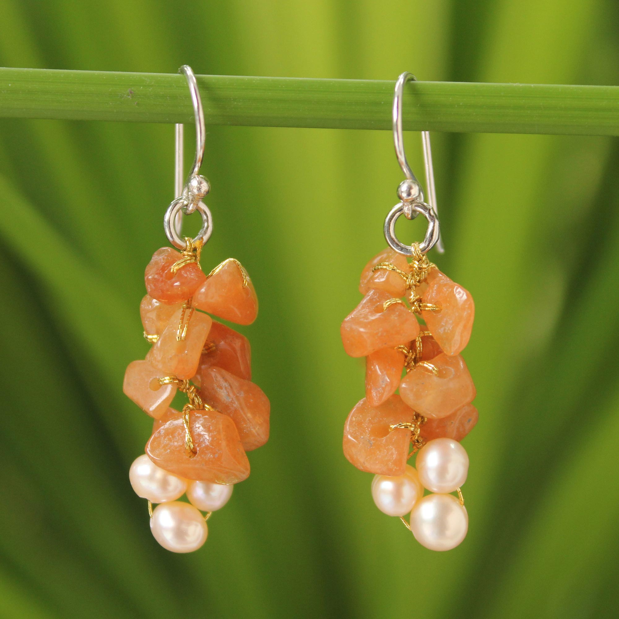 Premium Afternoon Glow Beaded Aventurine and Pearl Earrings