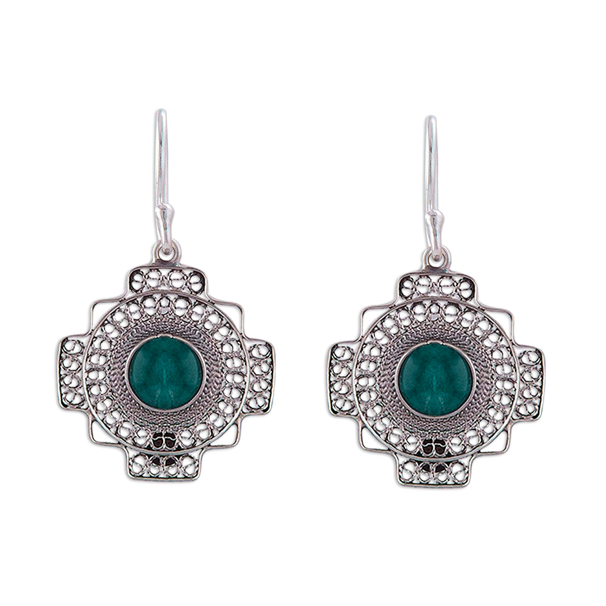 Premium Green Valley Chakana Cross Filigree Earrings - Handcrafted in Peru